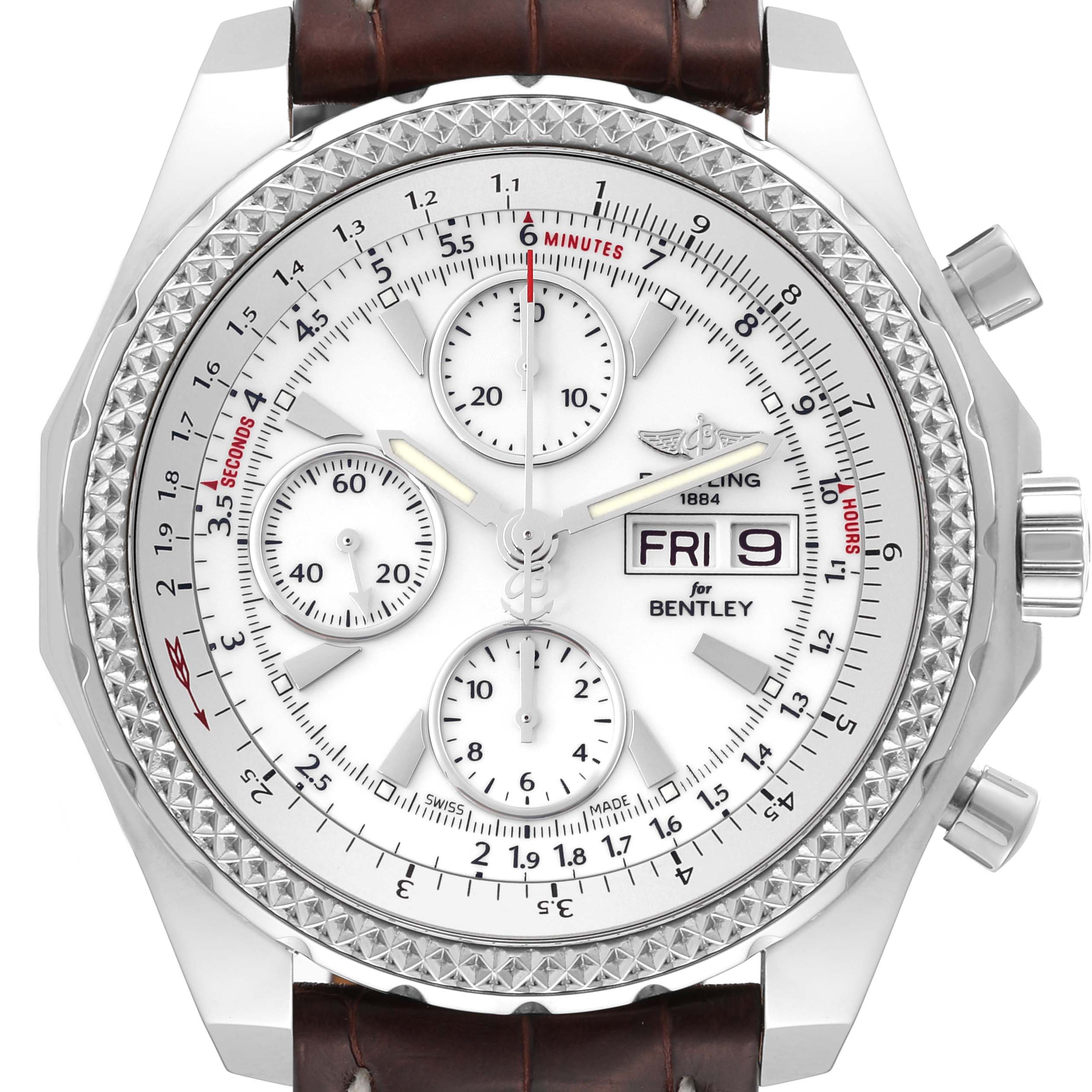 The image shows a close-up of a Breitling Bentley A1336212/A726 Men's Stainless Steel White Dial A1336212/A726 Men's Stainless Steel White Dial watch dial from a front angle, including subdials, date display, and pushers.