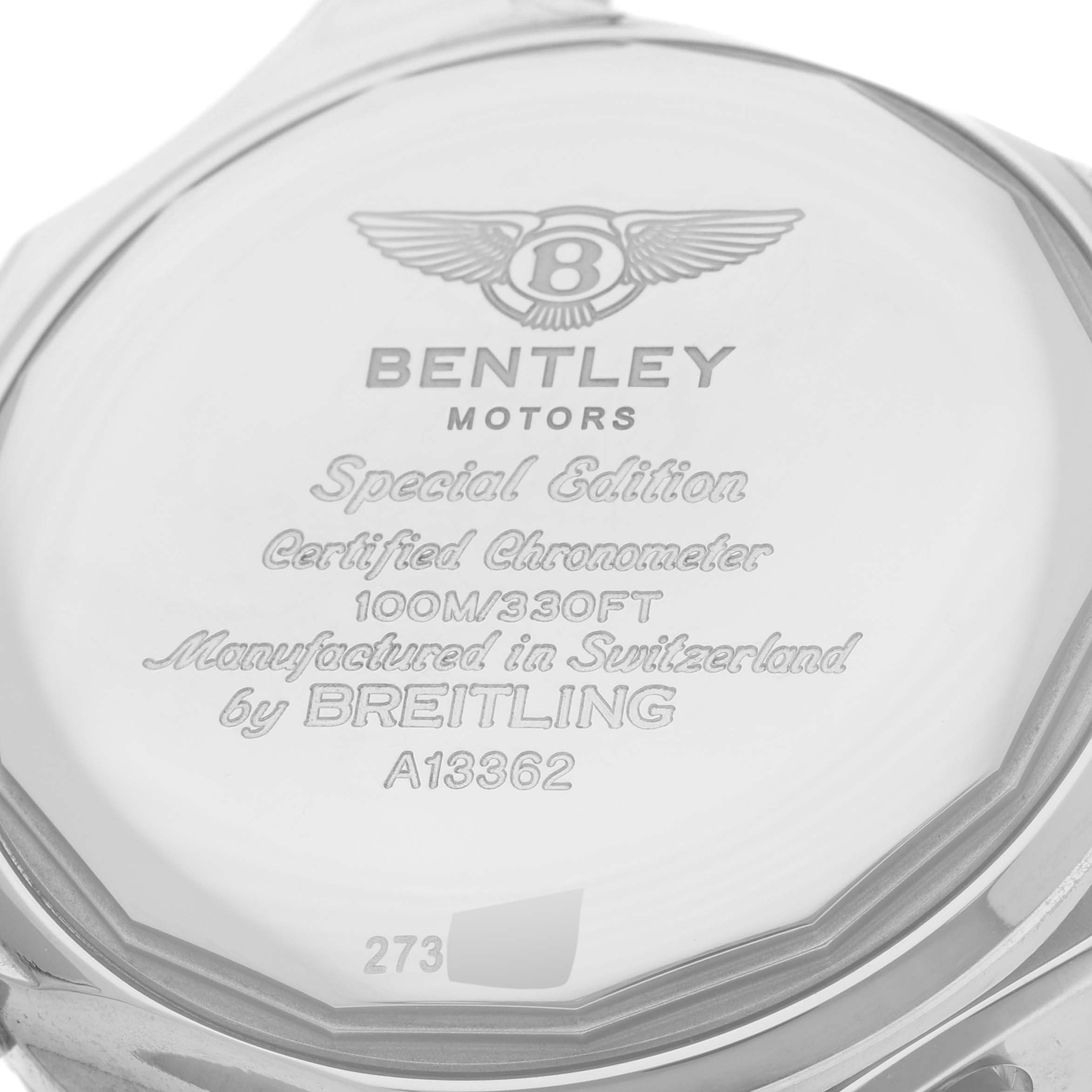The image shows the back case of a Bentley model by Breitling, including engraved details about its specifications and origin.
