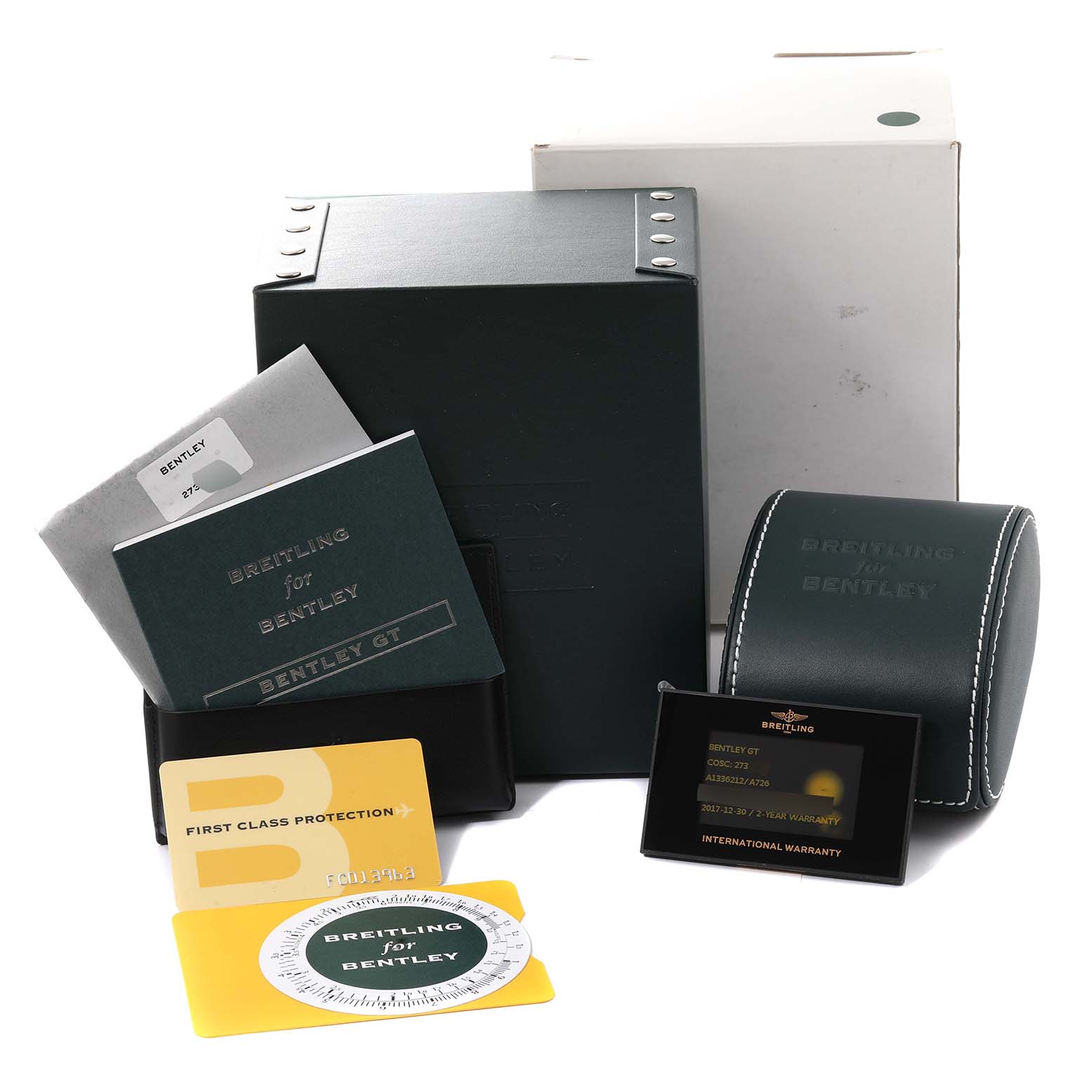 The image shows various accessories for the Breitling Bentley A1336212/A726 Men's Stainless Steel White Dial A1336212/A726 Men's Stainless Steel White Dial model including a box, manuals, warranty card, and a leather case.