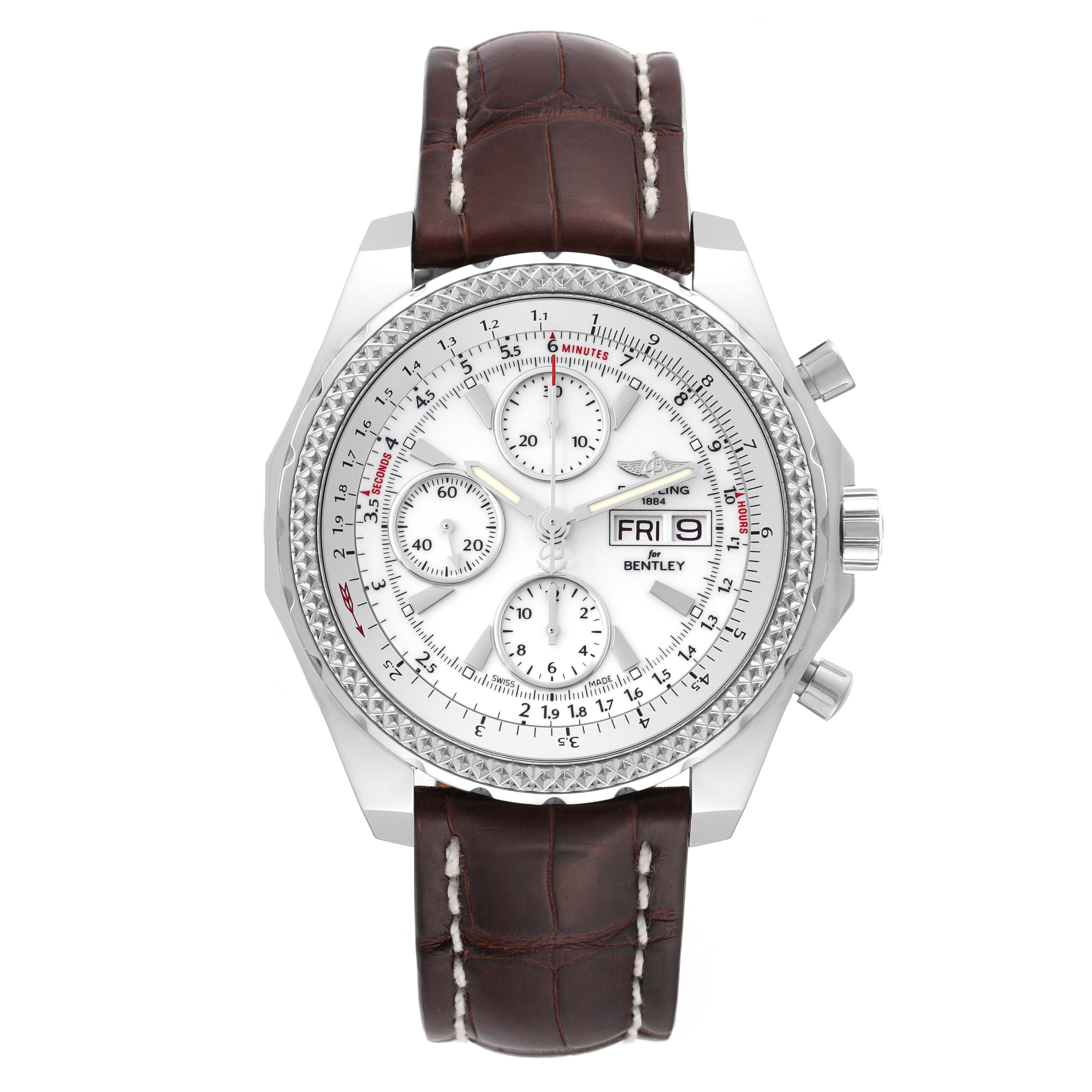 The image shows a front view of the Breitling Bentley A1336212/A726 Men's Stainless Steel White Dial A1336212/A726 Men's Stainless Steel White Dial watch, displaying its dial, chronograph subdials, and leather strap.