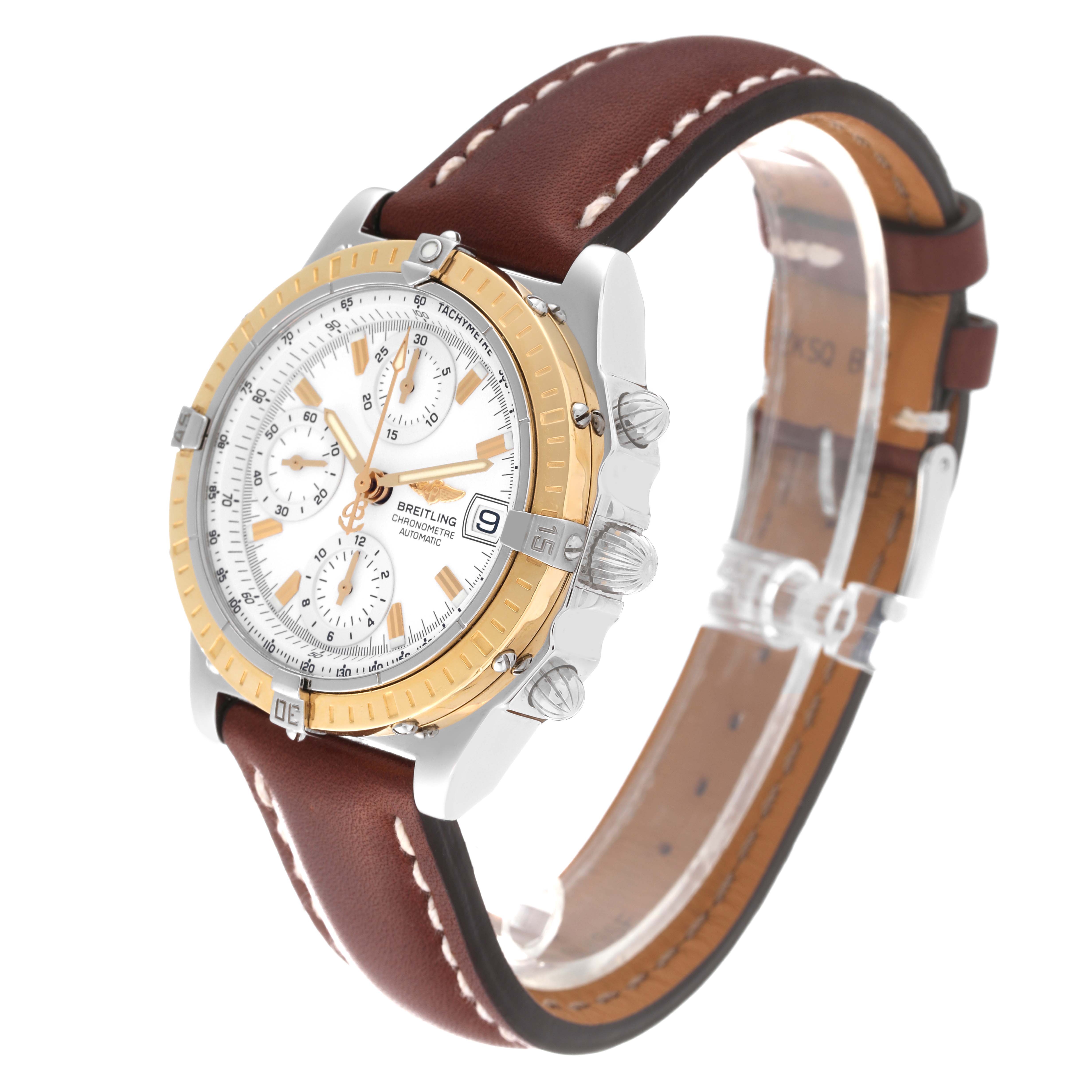 The Breitling Chronomat D1335212/A538 Men
s Stainless Steel White Dial D1335212/A538 Men
s Stainless Steel White Dial watch is shown at a three-quarter angle, displaying its dial, bezel, crown, and leather strap.