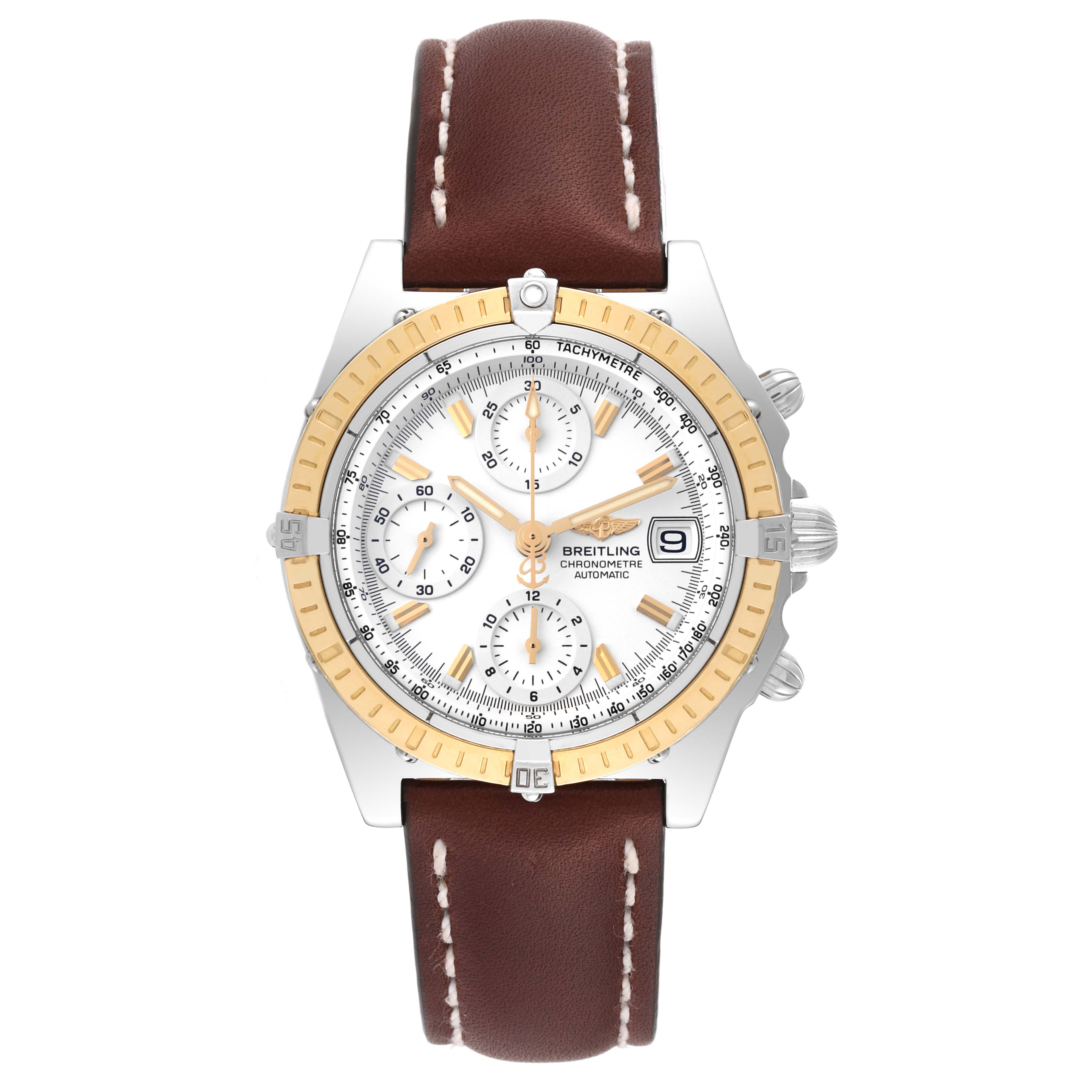 This image shows a front view of a Breitling Chronomat D1335212/A538 Men
s Stainless Steel White Dial D1335212/A538 Men
s Stainless Steel White Dial watch, highlighting the face, dial, bezel, and leather strap.