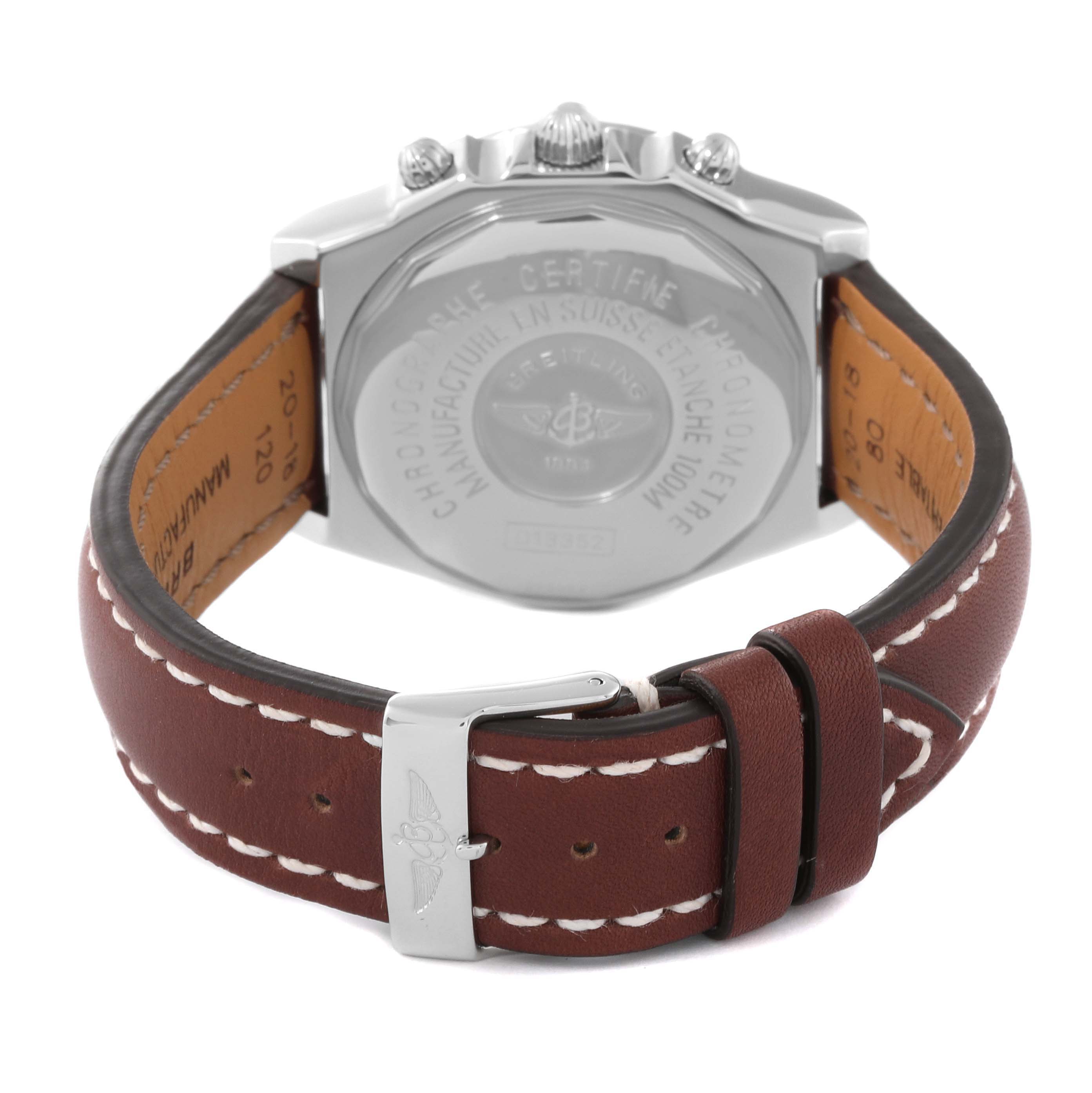 The image shows the back side of a Breitling Chronomat D1335212/A538 Men
s Stainless Steel White Dial D1335212/A538 Men
s Stainless Steel White Dial watch, highlighting the case back and leather strap.