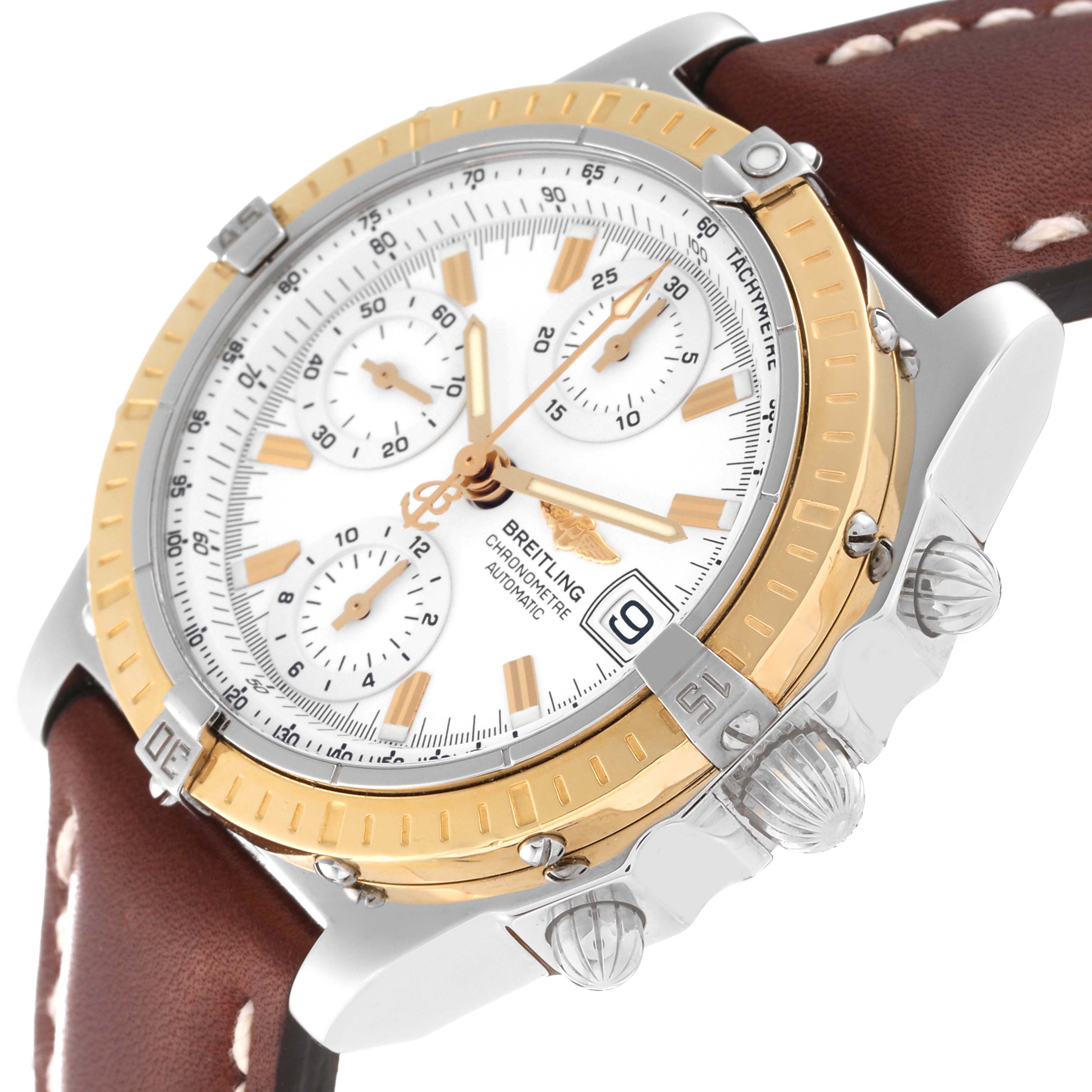 The image shows a Breitling Chronomat D1335212/A538 Men
s Stainless Steel White Dial D1335212/A538 Men
s Stainless Steel White Dial watch with a white dial, gold accents, three subdials, a date display, and a brown leather strap.