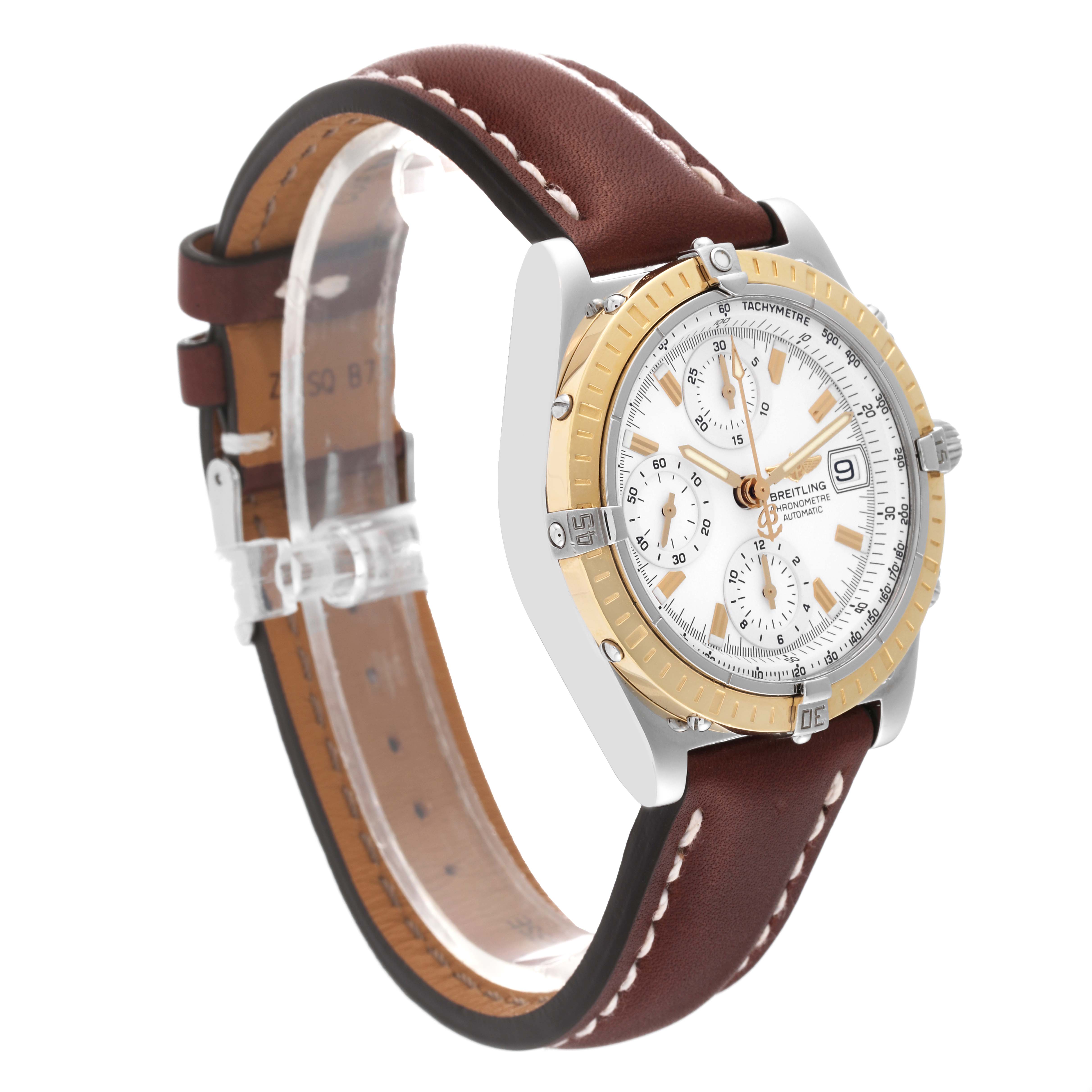 The Breitling Chronomat D1335212/A538 Men
s Stainless Steel White Dial D1335212/A538 Men
s Stainless Steel White Dial watch is shown at a three-quarter angle, displaying the dial, bezel, crown, and leather strap.