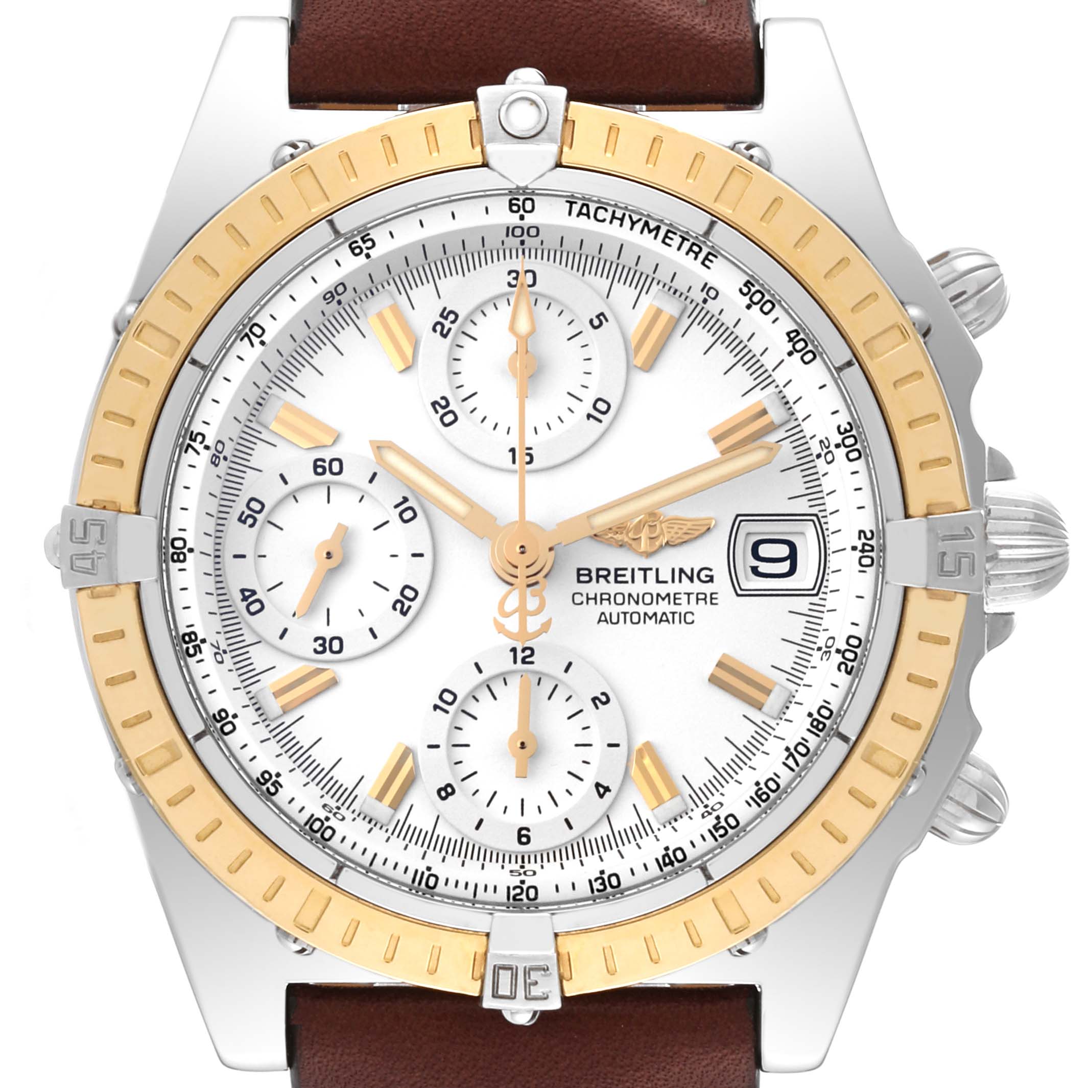 The image shows a front view of a Breitling Chronomat D1335212/A538 Men
s Stainless Steel White Dial D1335212/A538 Men
s Stainless Steel White Dial watch, highlighting its dial, hands, sub-dials, bezel, and date display.