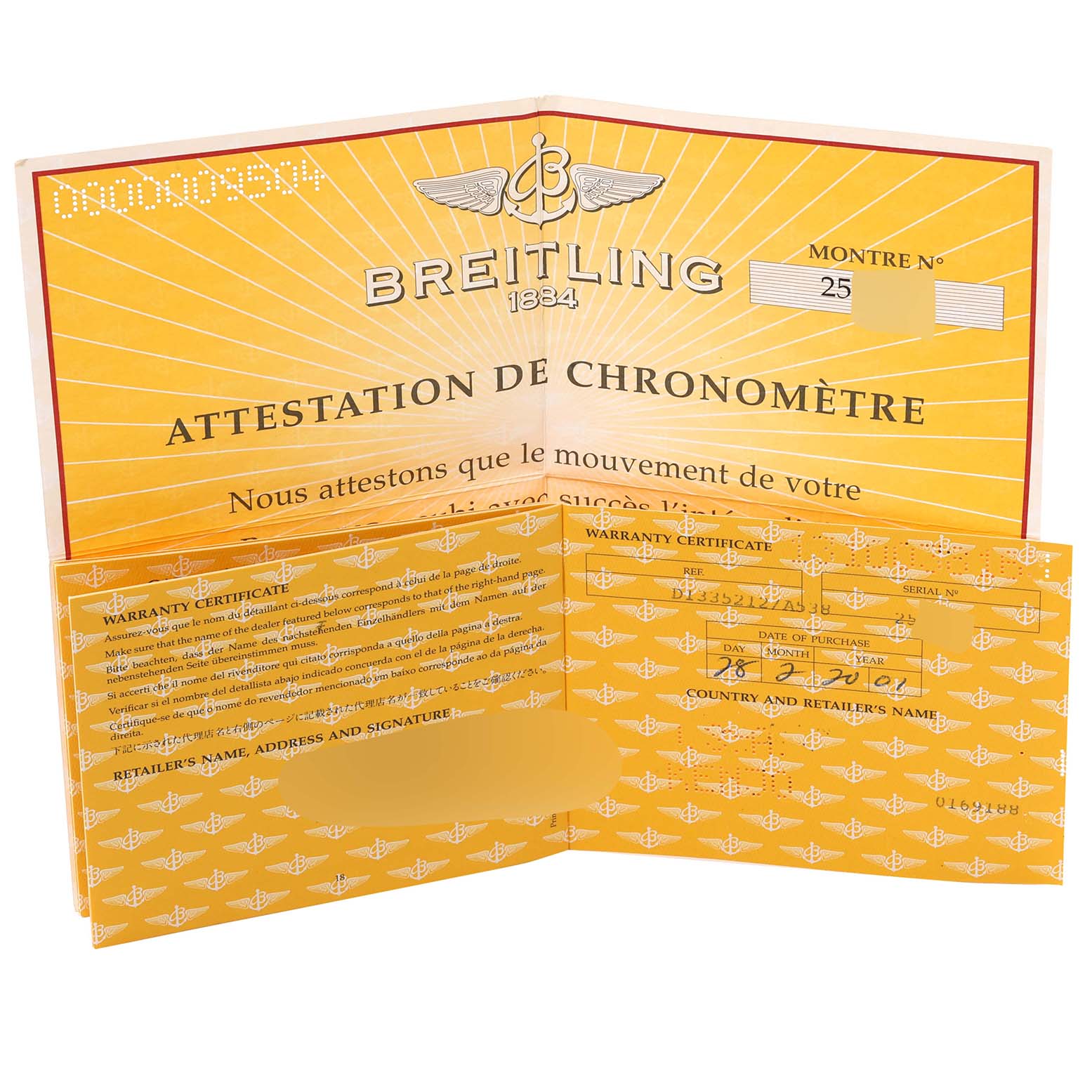 The image shows the warranty certificate and chronometer attestation for a Breitling Chronomat D1335212/A538 Men
s Stainless Steel White Dial D1335212/A538 Men
s Stainless Steel White Dial watch, laid out flat.