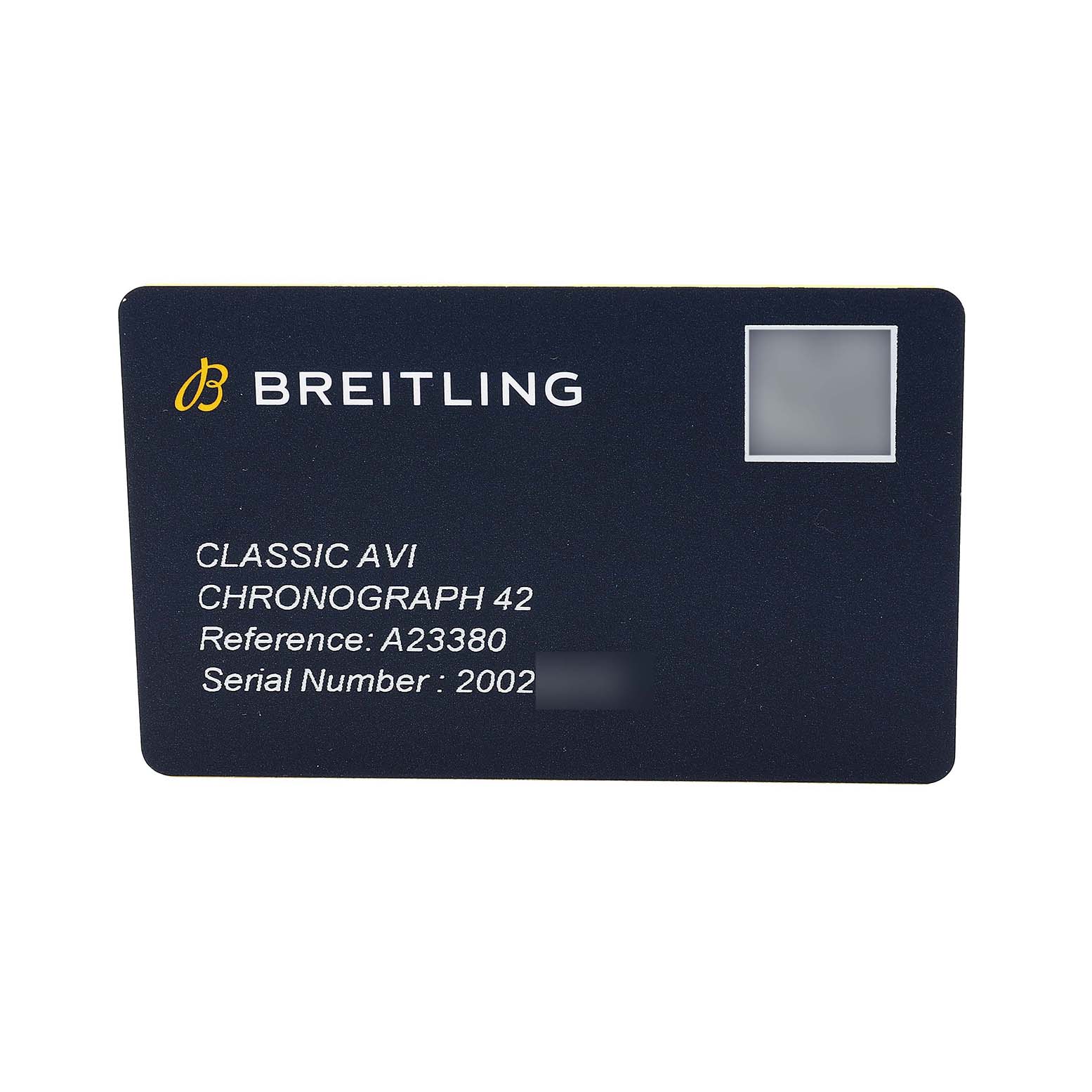 The image shows an authentication card for the Breitling Aviator A23380 Men's Stainless Steel Black Dial Chronograph 42, including reference and serial numbers.