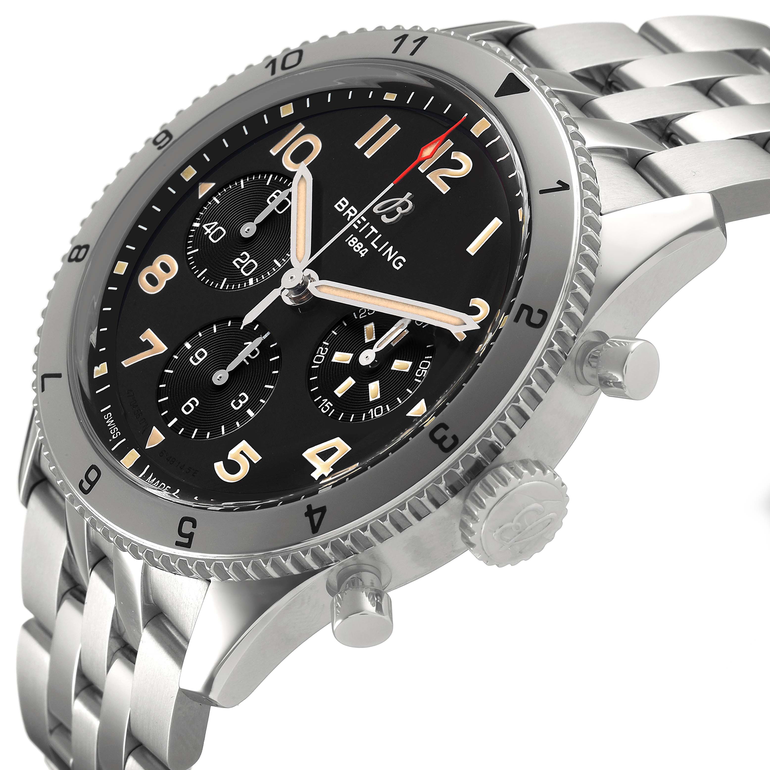 The Breitling Aviator A23380 Men's Stainless Steel Black Dial watch is shown at a tilted angle, highlighting the face, bezel, crown, and part of the bracelet.