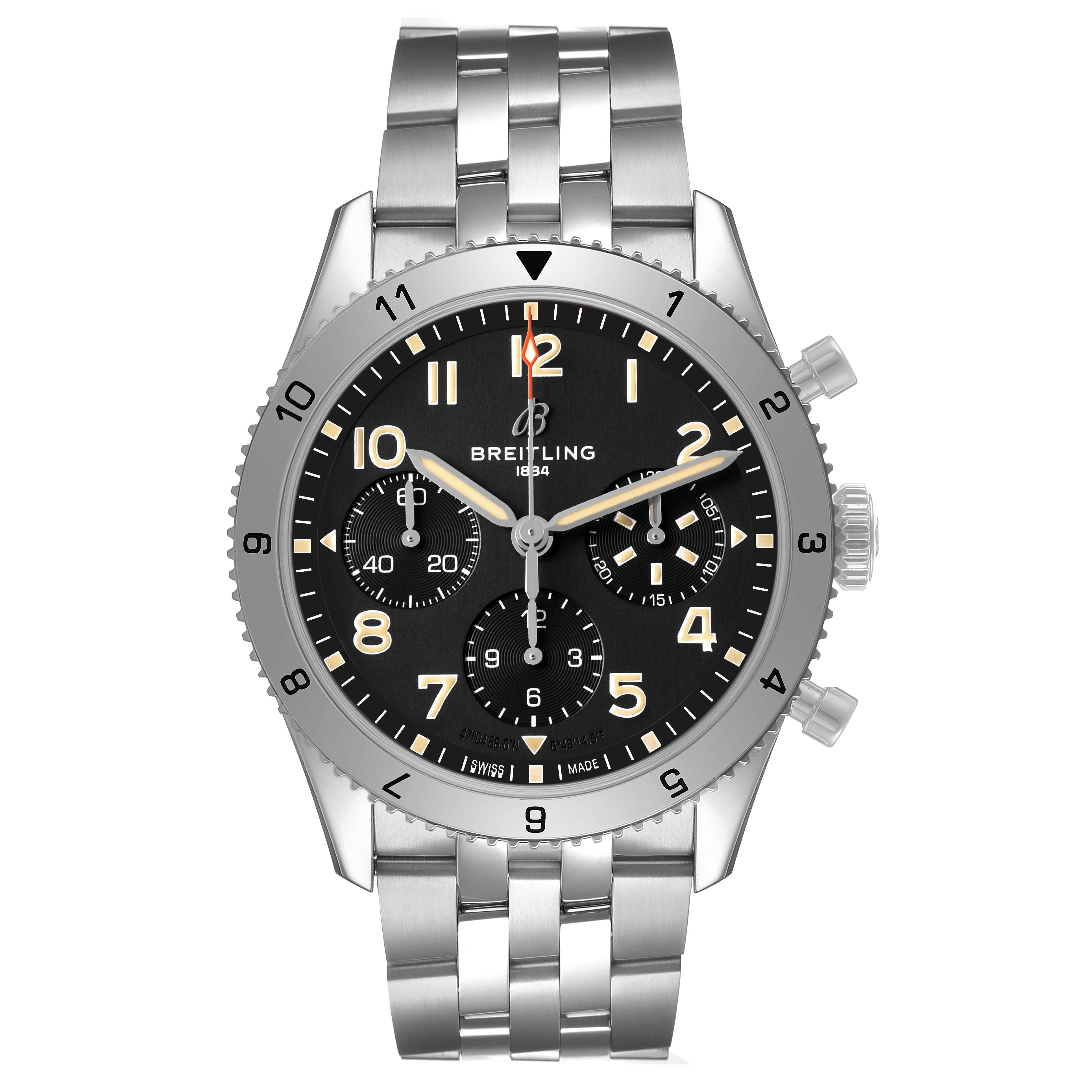 The Breitling Aviator A23380 Men's Stainless Steel Black Dial watch is shown from a front angle, highlighting the dial, bezel, and stainless steel bracelet.