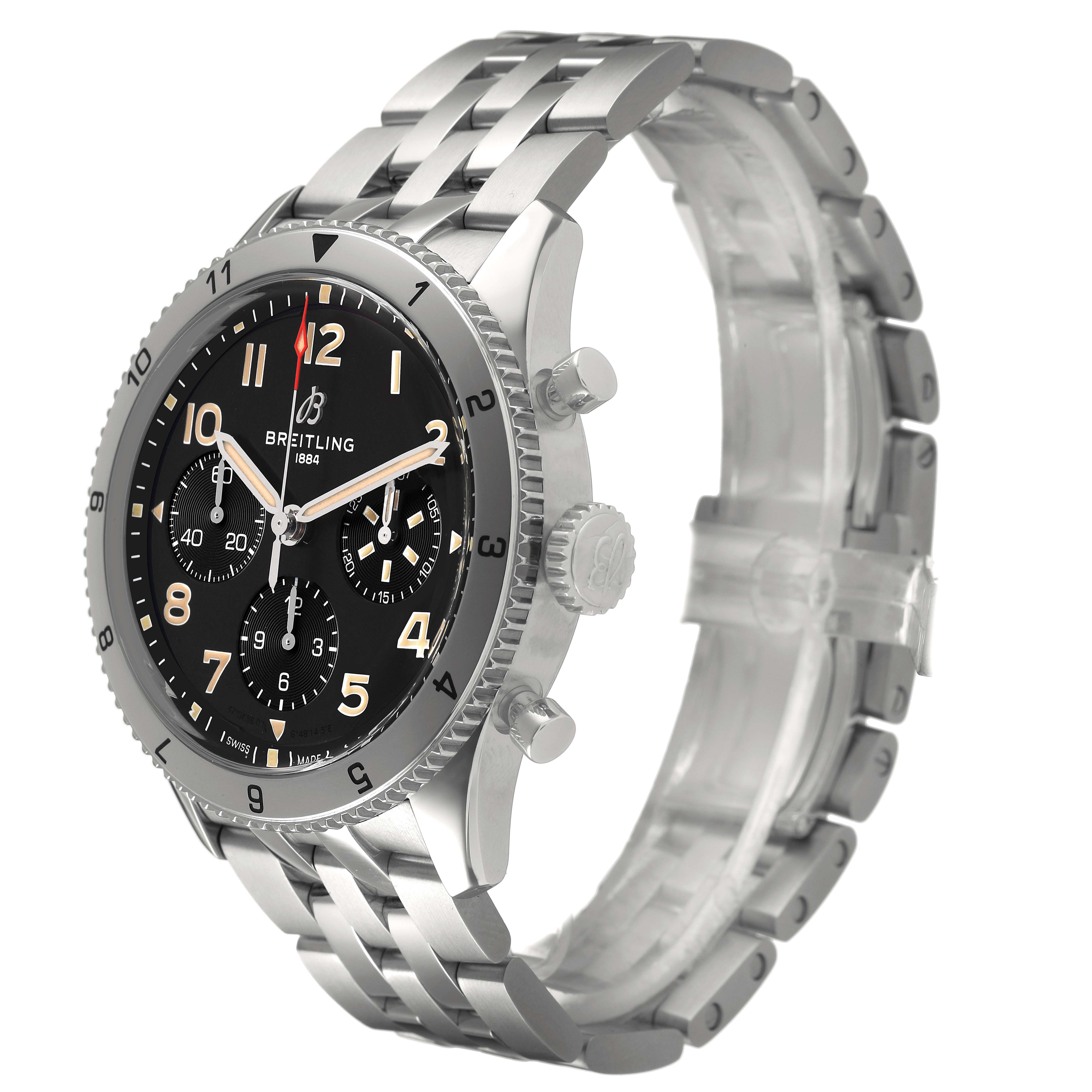 The Breitling Aviator A23380 Men's Stainless Steel Black Dial model watch is shown at an angled side view, highlighting the bezel, crown, pushers, and steel bracelet.