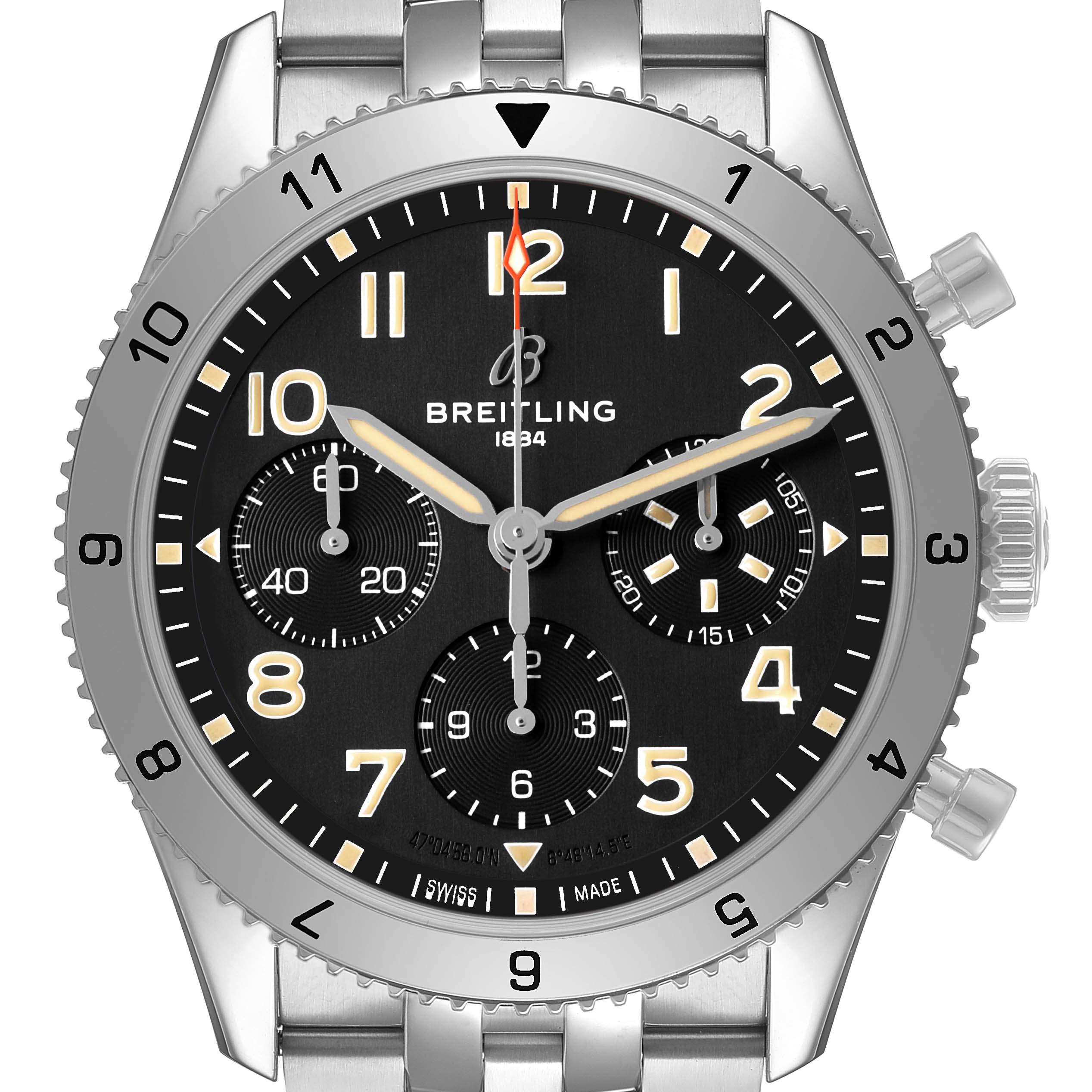 The image shows a frontal view of the Breitling Aviator A23380 Men's Stainless Steel Black Dial watch, displaying its face, bezel, and part of the bracelet.