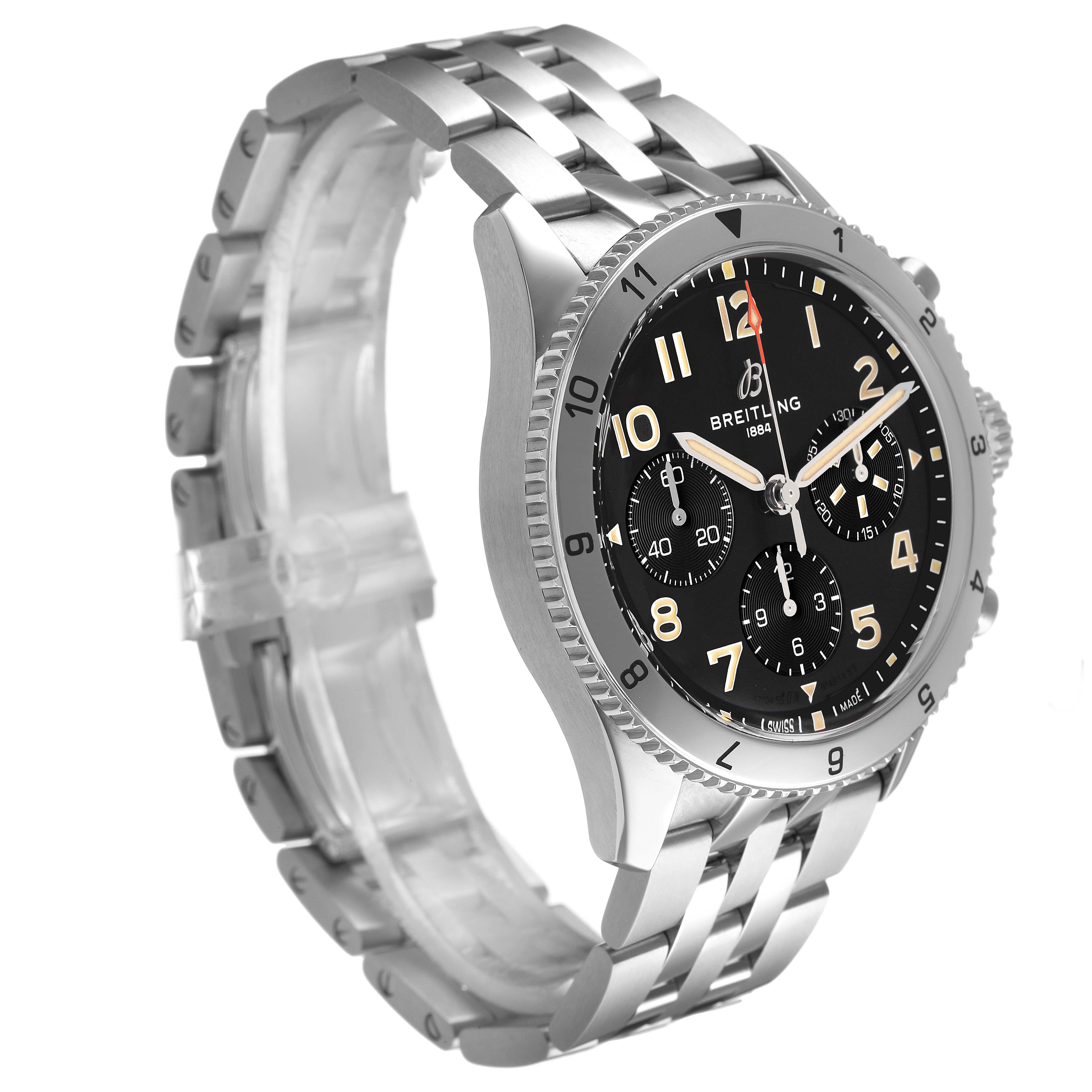 The Breitling Aviator A23380 Men's Stainless Steel Black Dial watch is shown at a slight angle, highlighting the face, bezel, and metal bracelet.