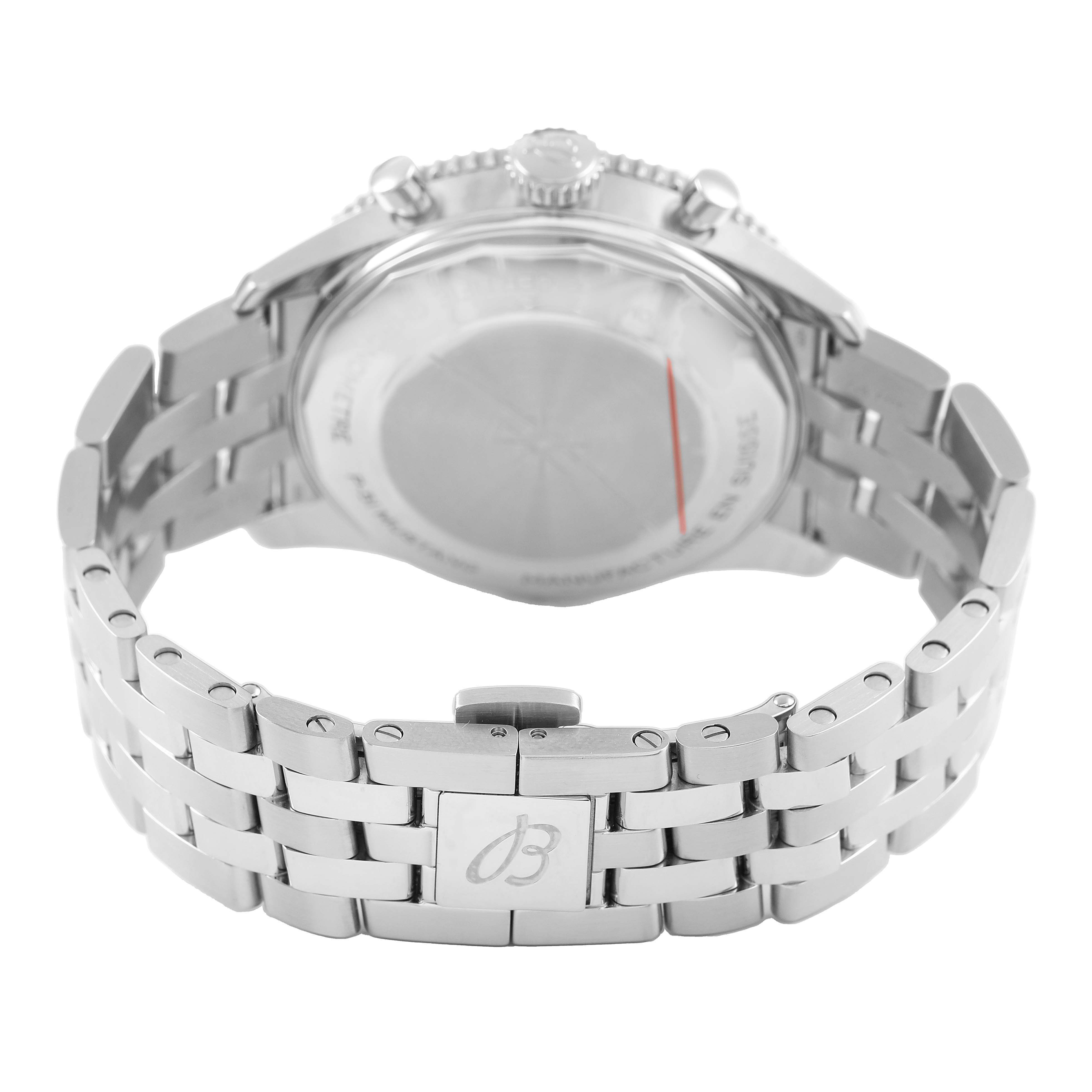 The image shows the back of the Breitling Aviator A23380 Men's Stainless Steel Black Dial watch, highlighting the clasp and bracelet from a rear angle.