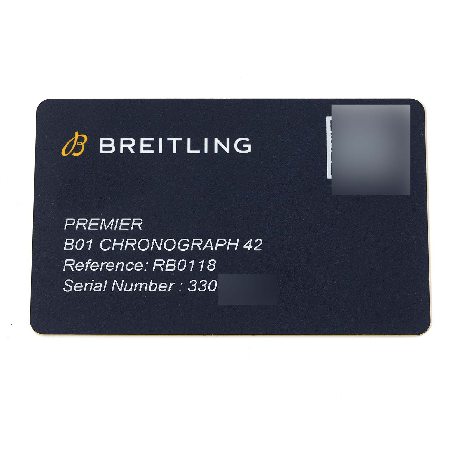 The image shows a warranty or identification card for the Breitling Premier RB01181A1Q1X1 Men's Rose Gold Brown Dial RB01181A1Q1X1 Men's Rose Gold Brown Dial B01 Chronograph 42, Limited Series.