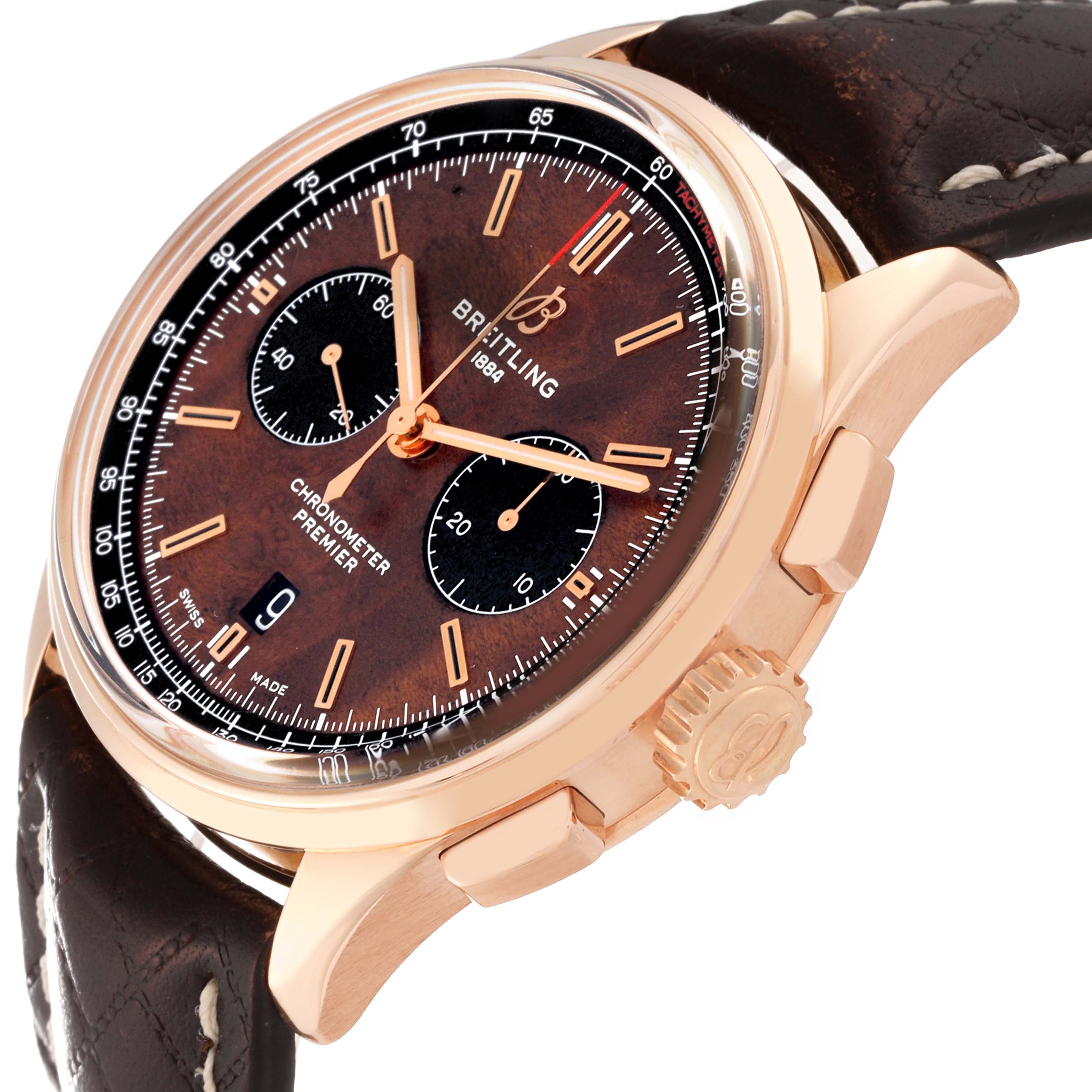 The Breitling Limited Series watch is shown at a three-quarter angle, displaying its dial, crown, and part of the leather strap.