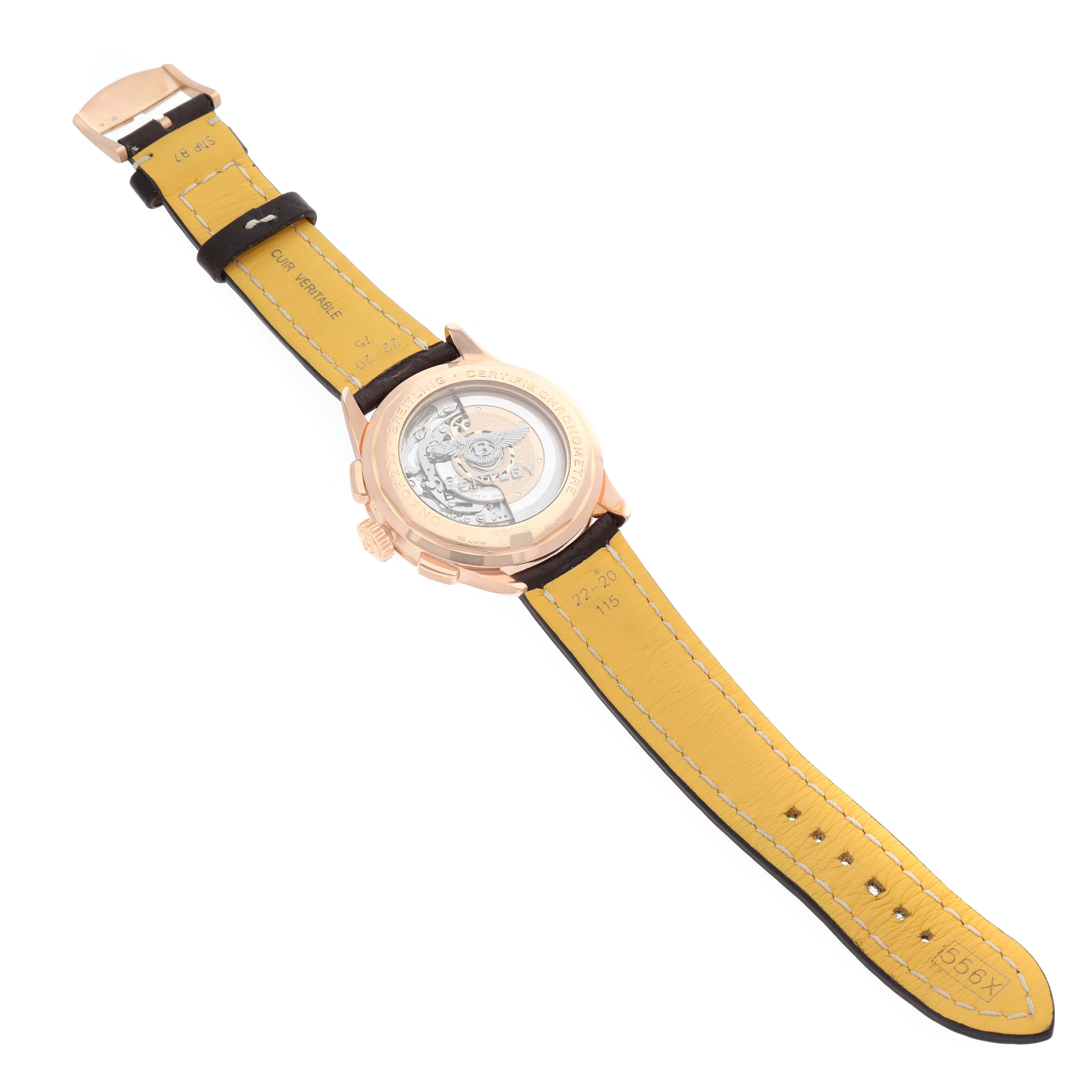 The Breitling Limited Series model is shown from the back, displaying the transparent case back and movement, along with its yellow strap.