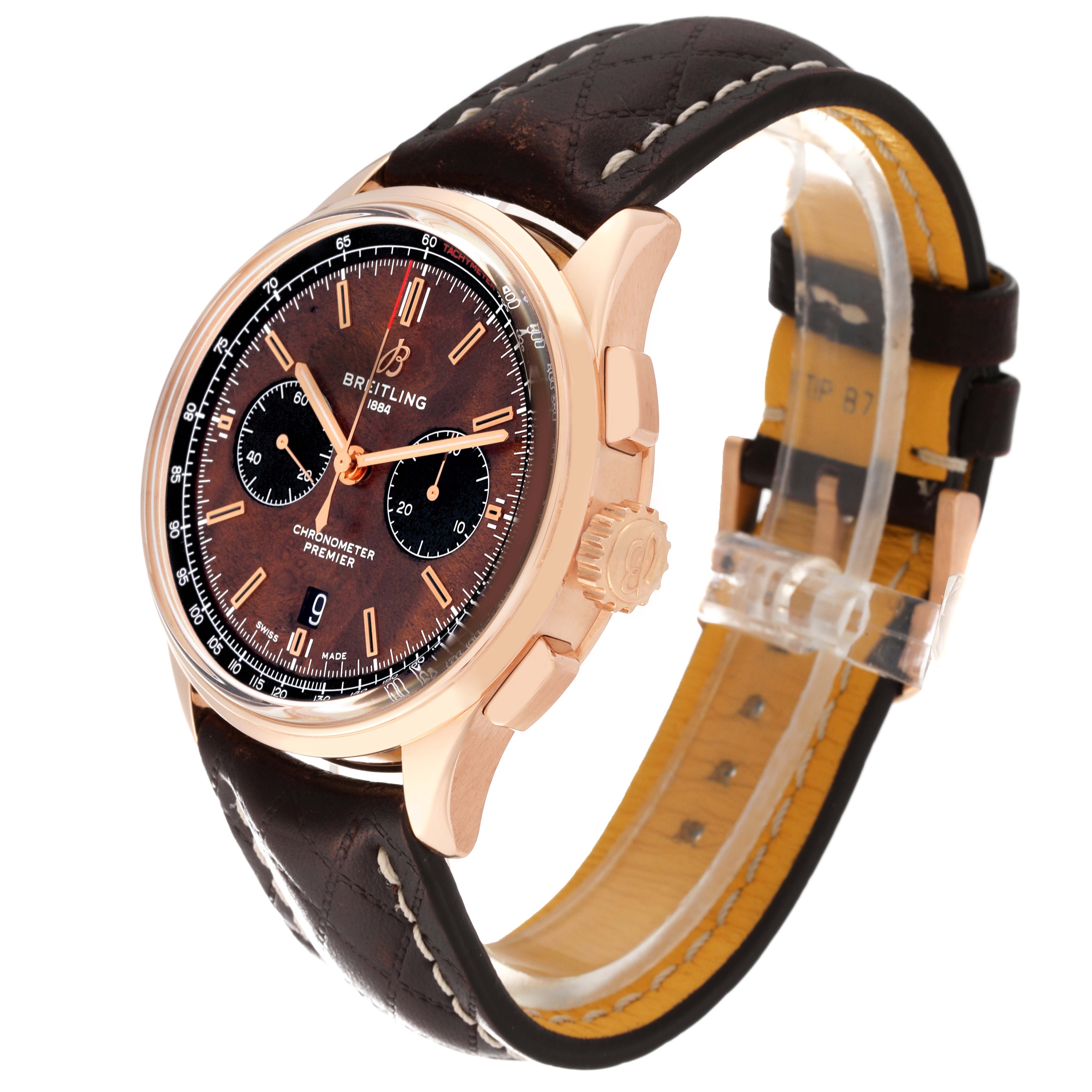 The image shows a side angle of a Breitling Limited Series Chronometer Premier wristwatch with a brown strap and a rose gold case.