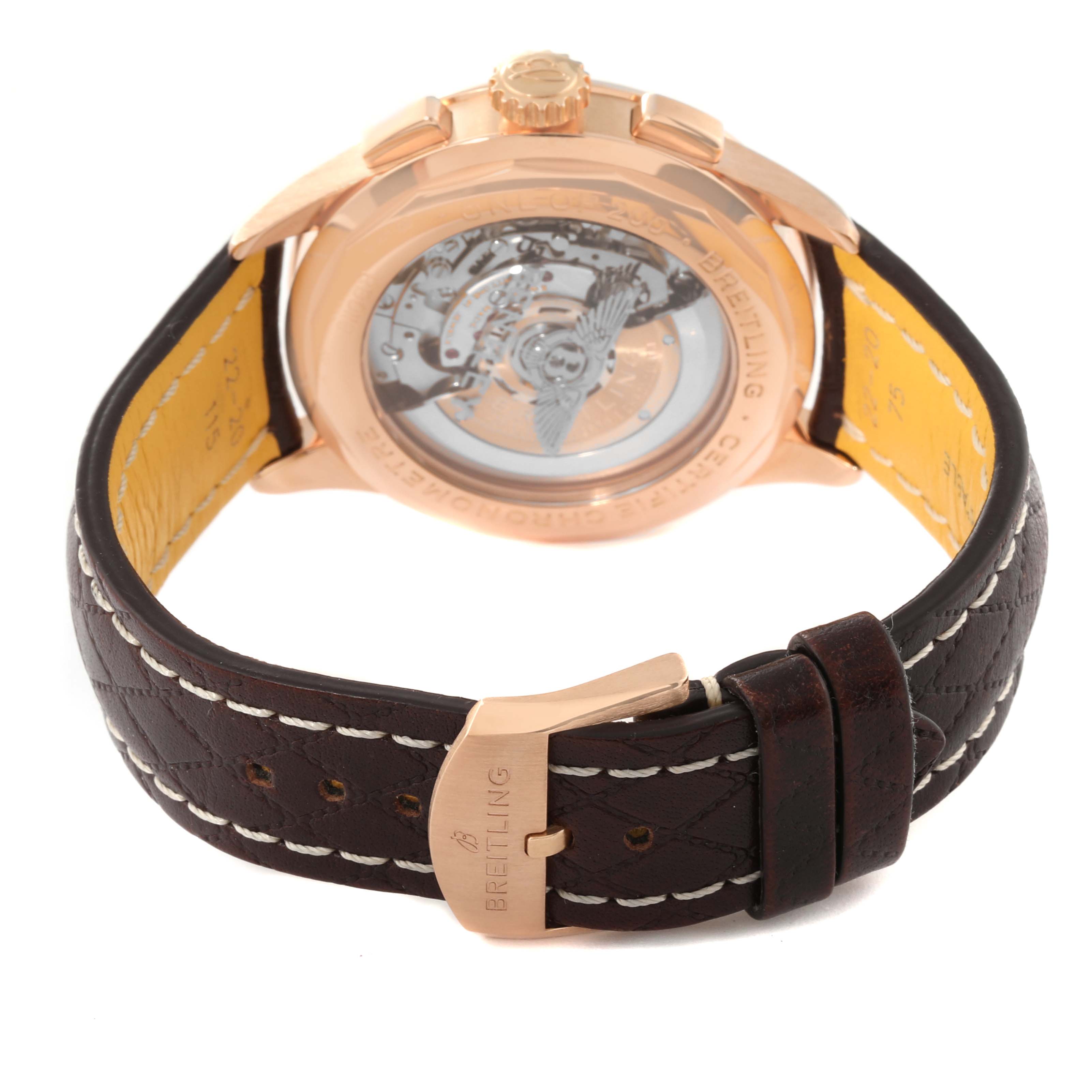 The image shows the back case and strap of a Breitling Limited Series watch, highlighting its transparent back and buckle.