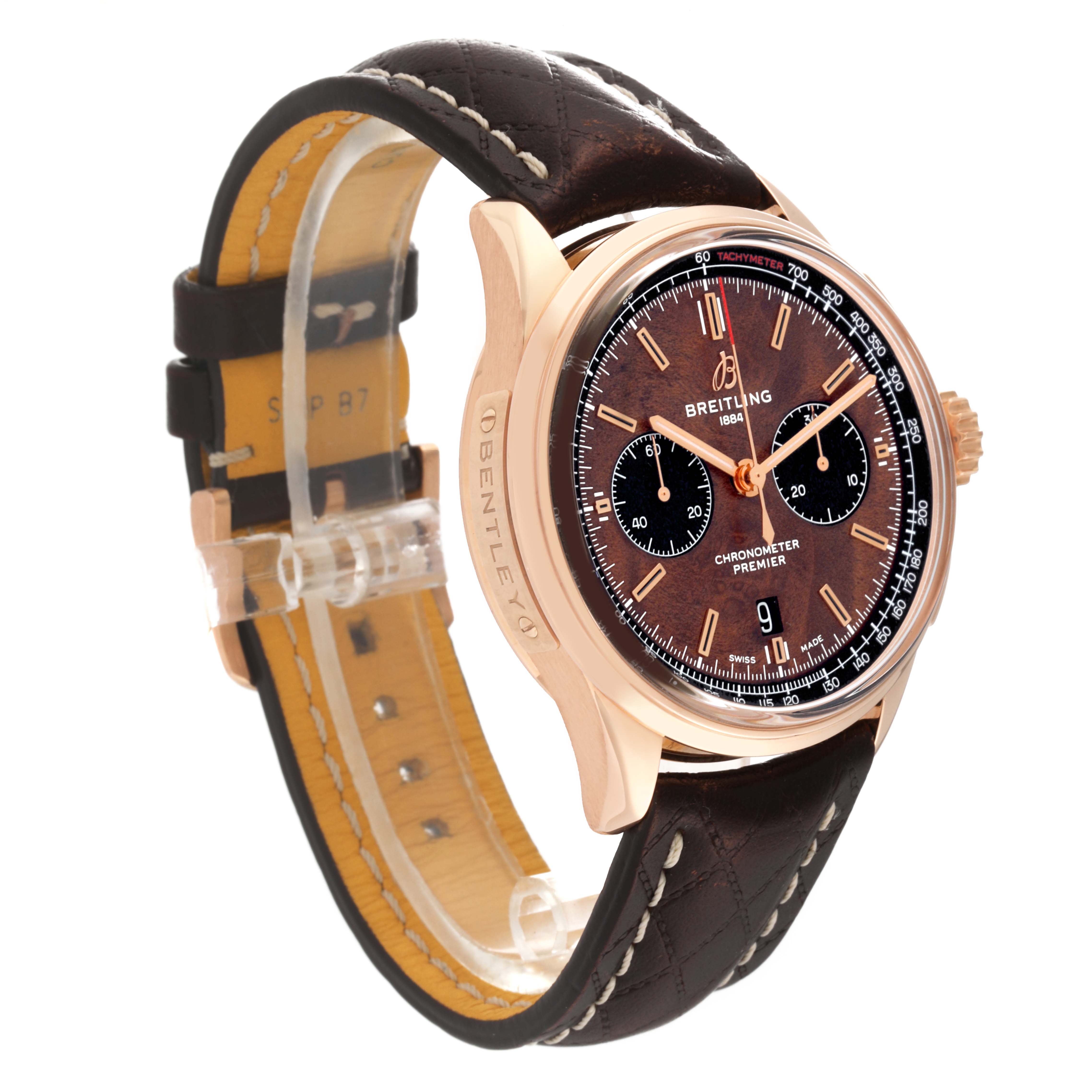 This image shows a Breitling Limited Series watch from an angled side view, highlighting the watch face, case, and brown leather strap.