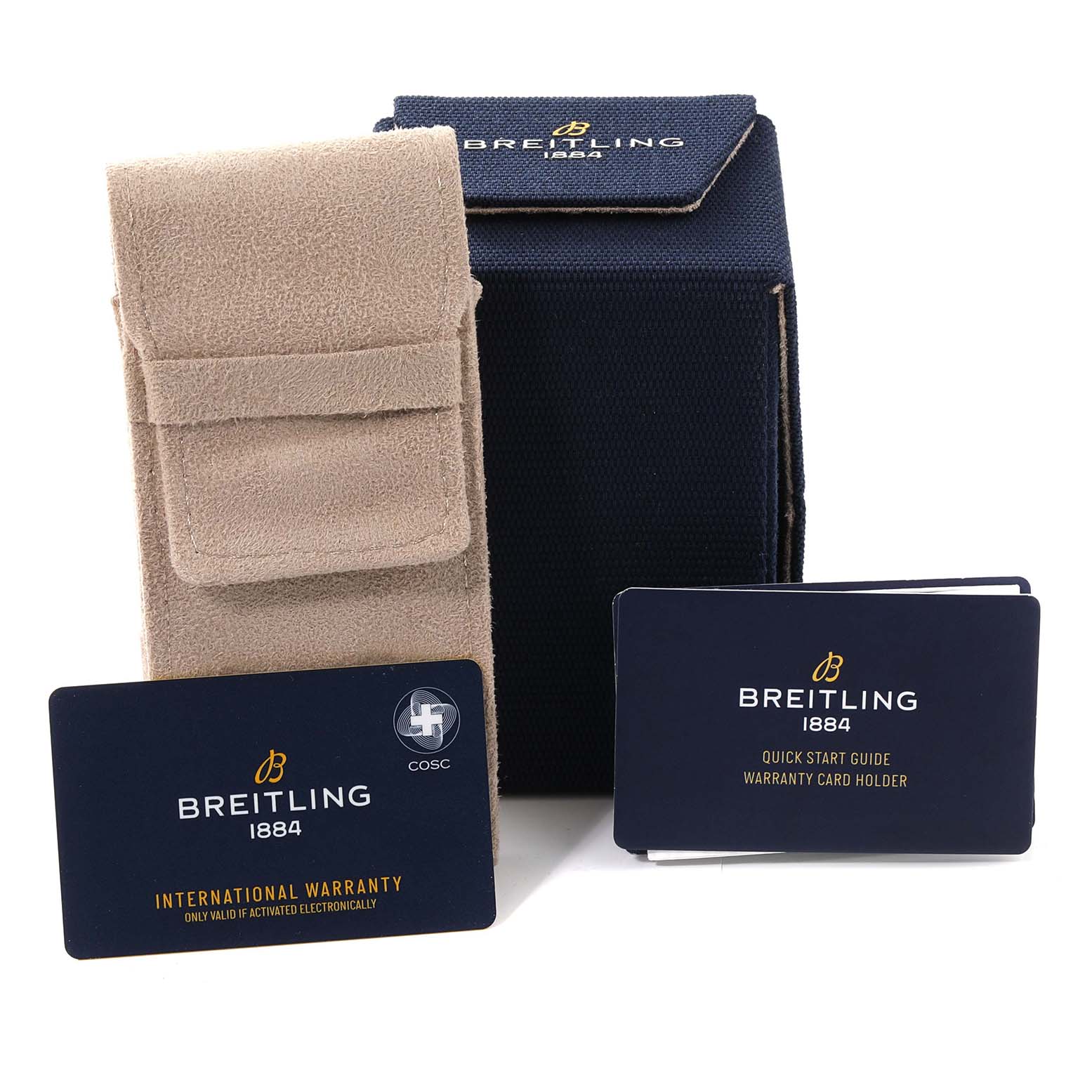 This image shows the packaging and accessories for the Breitling Chronomat UB0136251L1S1 Men's Steel and Gold (two tone) Green Dial UB0136251L1S1 Men's Steel and Gold (two tone) Green Dial, including a travel case, warranty card, and quick start guide.