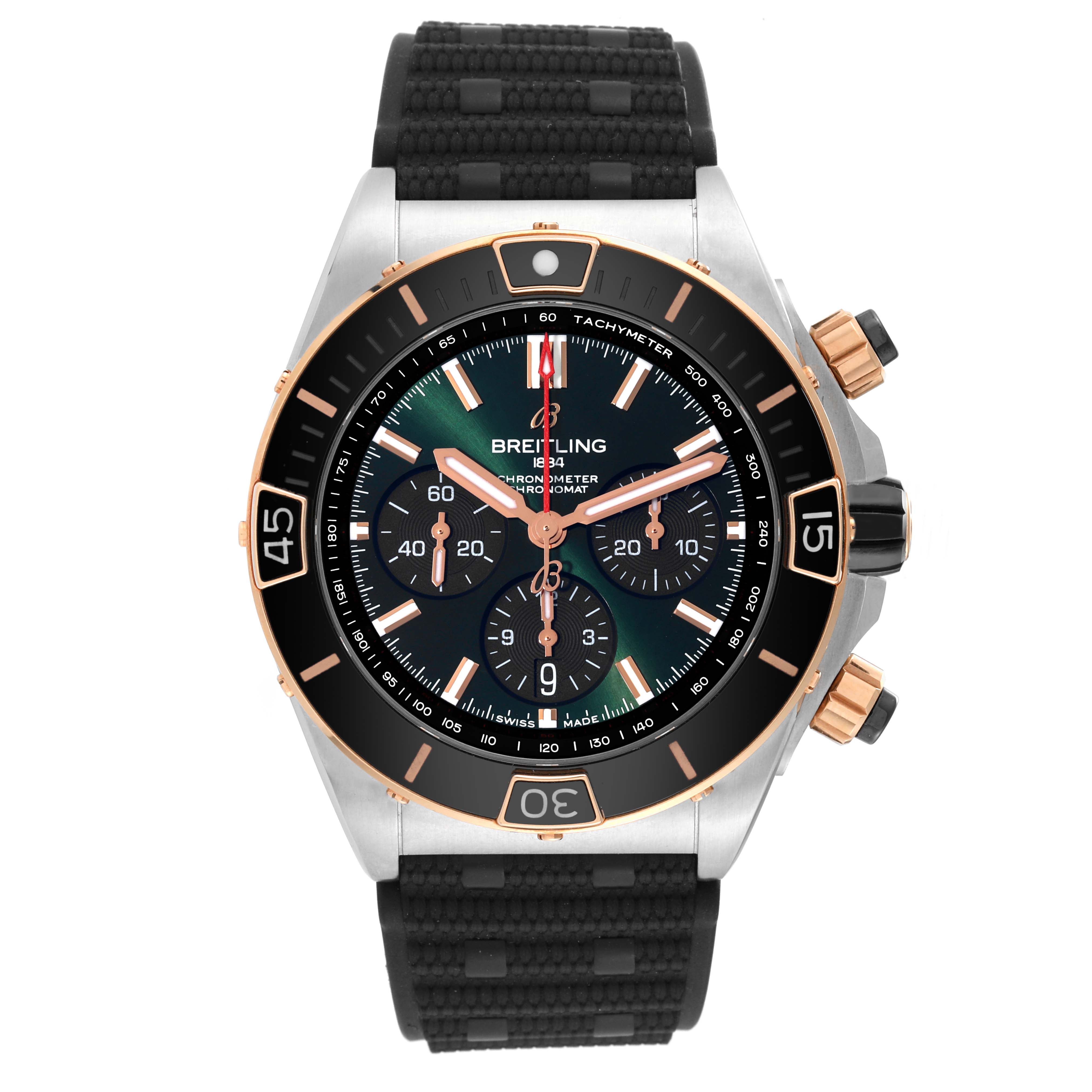 This is a front view of a Breitling Chronomat UB0136251L1S1 Men's Steel and Gold (two tone) Green Dial UB0136251L1S1 Men's Steel and Gold (two tone) Green Dial watch showing its face, bezel, subdials, and strap.