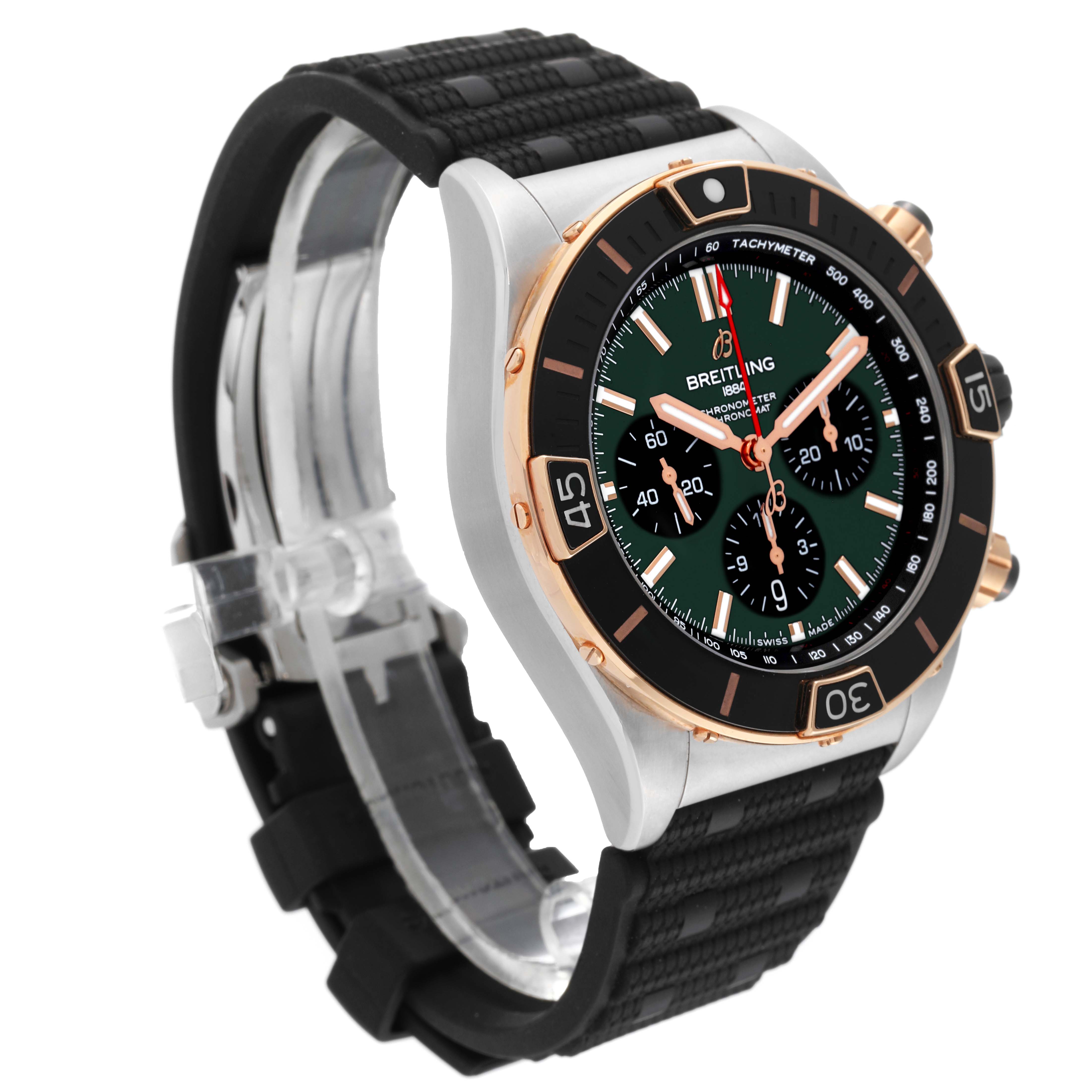 The image shows a Breitling Chronomat UB0136251L1S1 Men's Steel and Gold (two tone) Green Dial UB0136251L1S1 Men's Steel and Gold (two tone) Green Dial watch at a three-quarter angle, highlighting its dial, bezel, and strap.