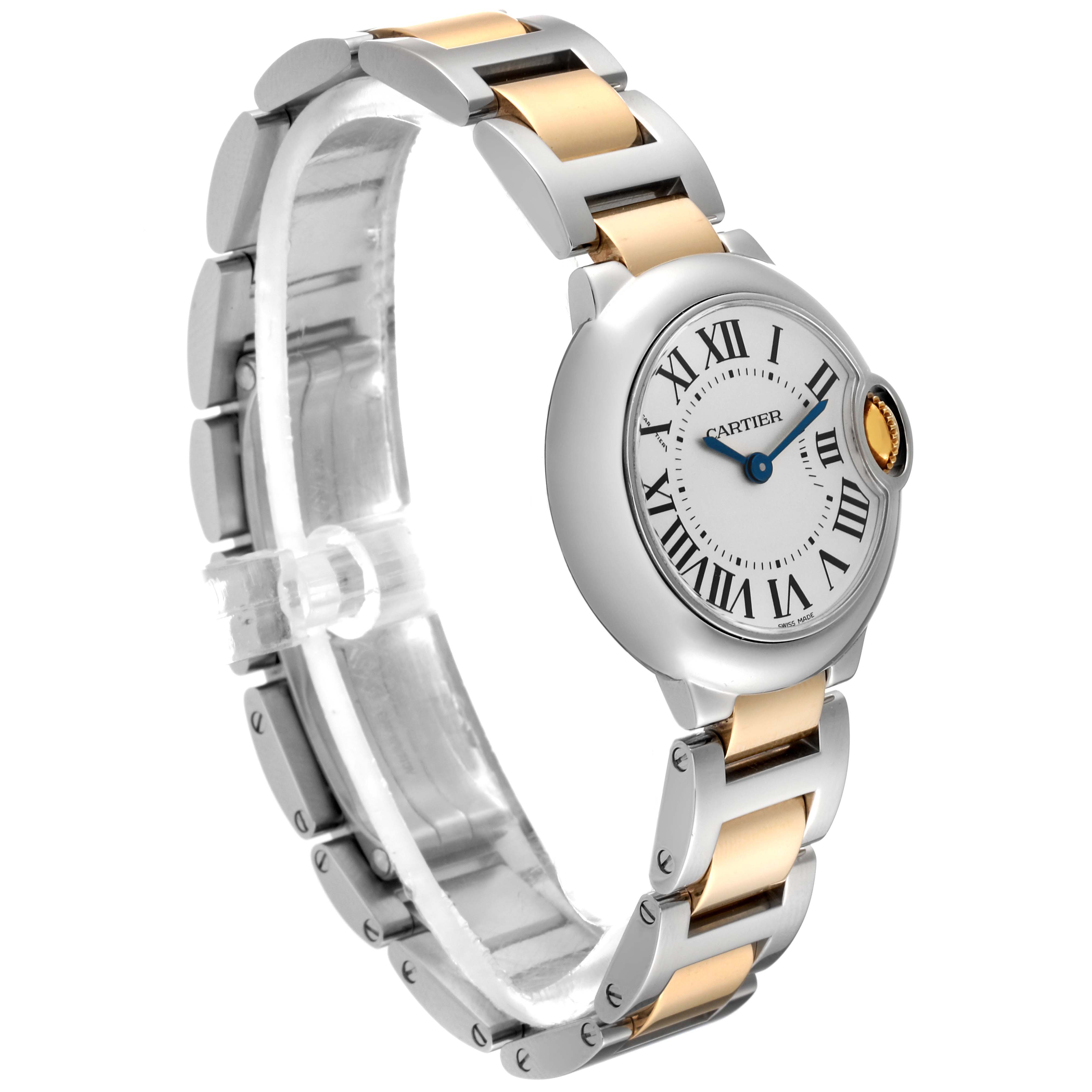 The image shows a side angle of the Cartier Ballon Bleu W69007Z3 Women
s Steel and Gold (two tone) Silver Dial W69007Z3 Women
s Steel and Gold (two tone) Silver Dial watch, featuring its two-tone metal bracelet and round dial with Roman numerals.