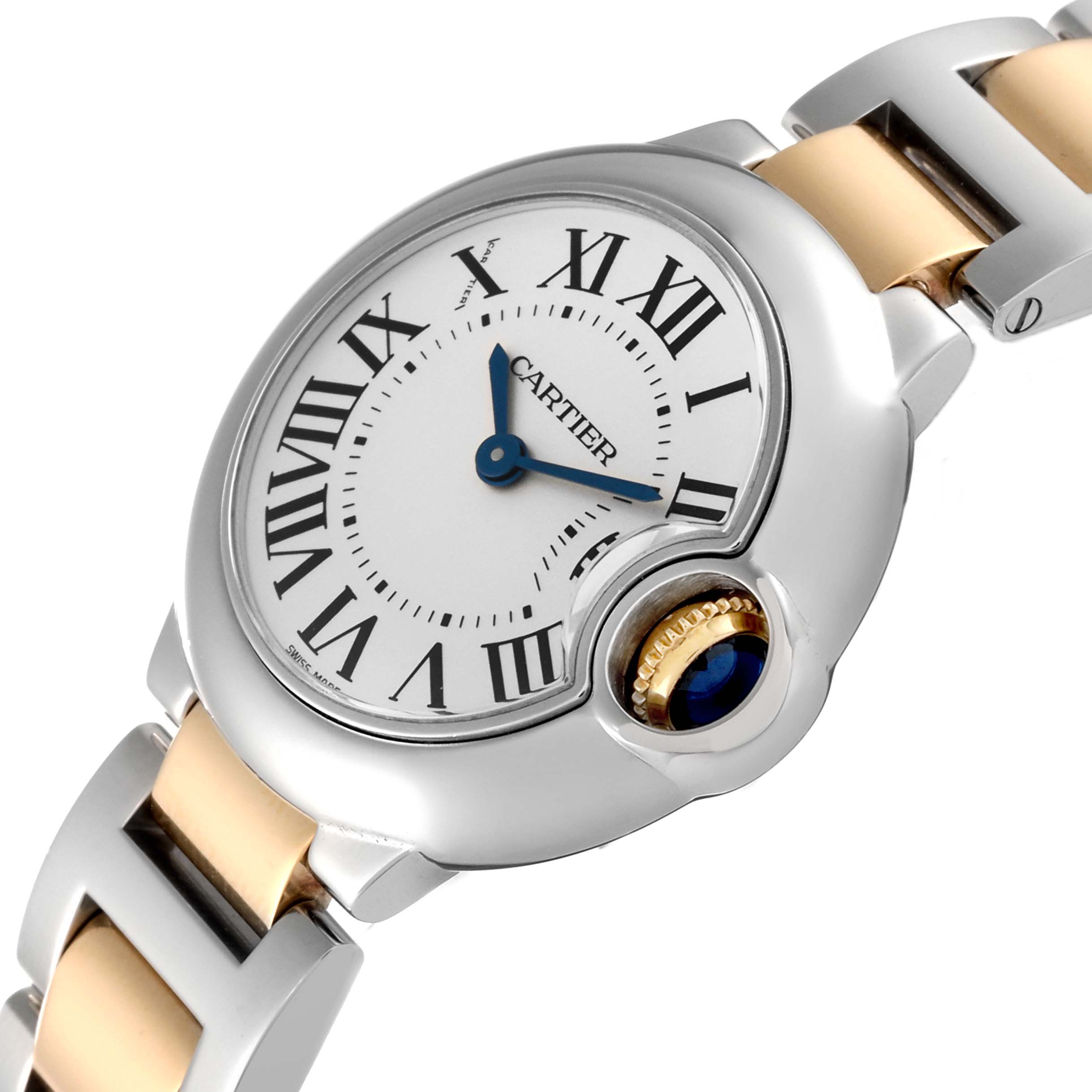 The image shows a close-up of the watch face and part of the bracelet of the Cartier Ballon Bleu W69007Z3 Women
s Steel and Gold (two tone) Silver Dial W69007Z3 Women
s Steel and Gold (two tone) Silver Dial model, highlighting its Roman numerals and blue cabochon crown.