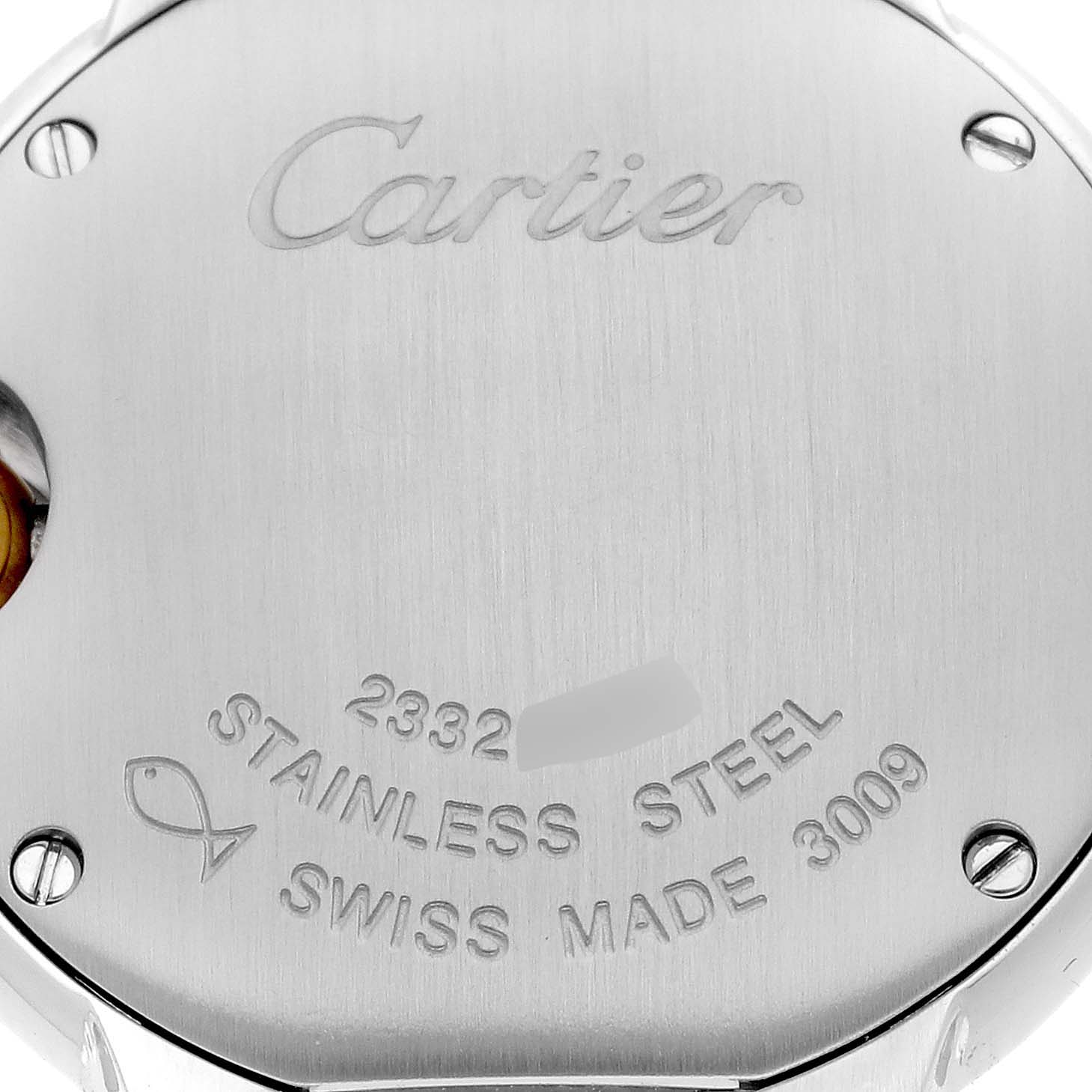 The image shows the back case of a Ballon Bleu watch by Cartier, highlighting its stainless steel material and engraved details.