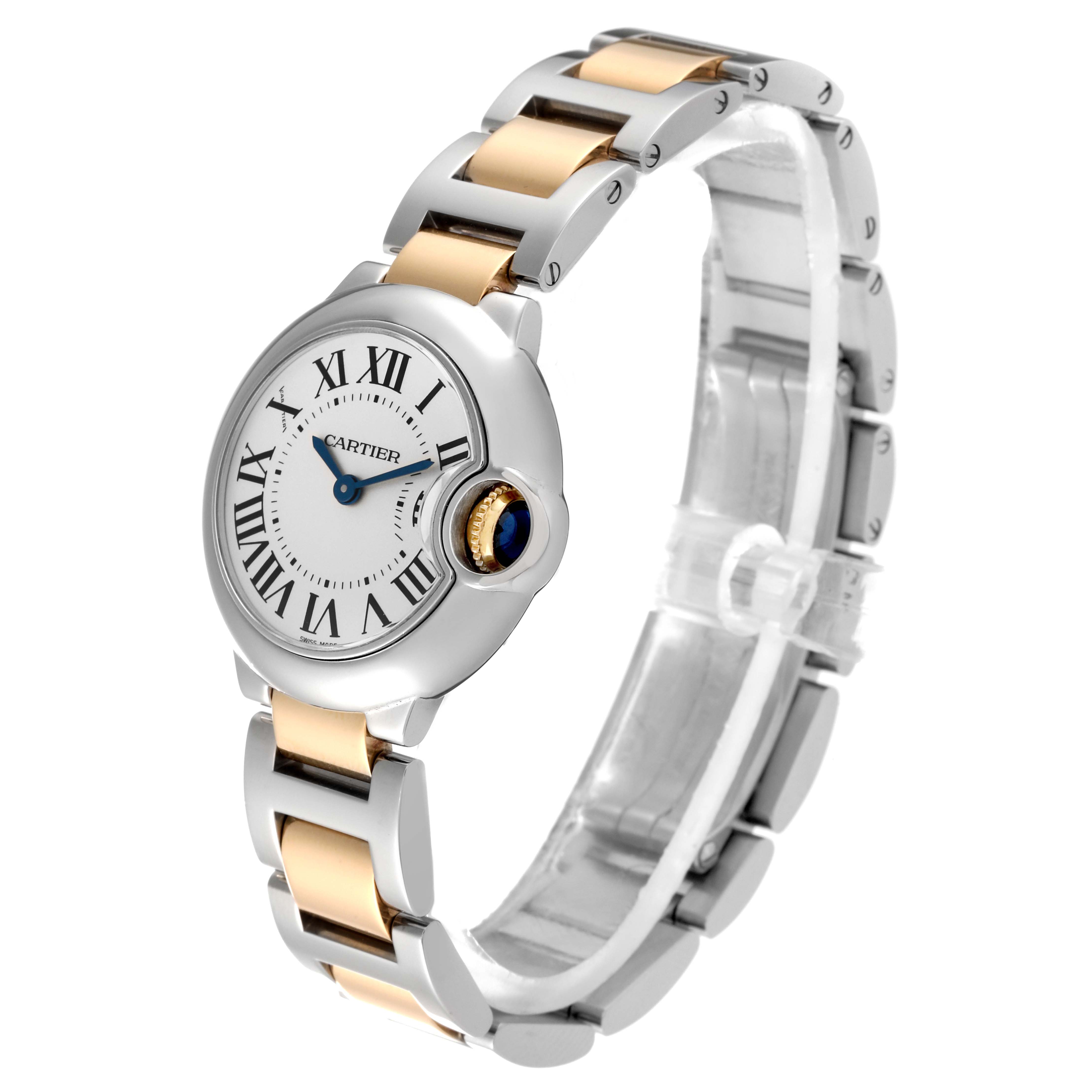 The image shows a Cartier Ballon Bleu W69007Z3 Women
s Steel and Gold (two tone) Silver Dial W69007Z3 Women
s Steel and Gold (two tone) Silver Dial watch with a side-angle view displaying its face and two-tone bracelet.