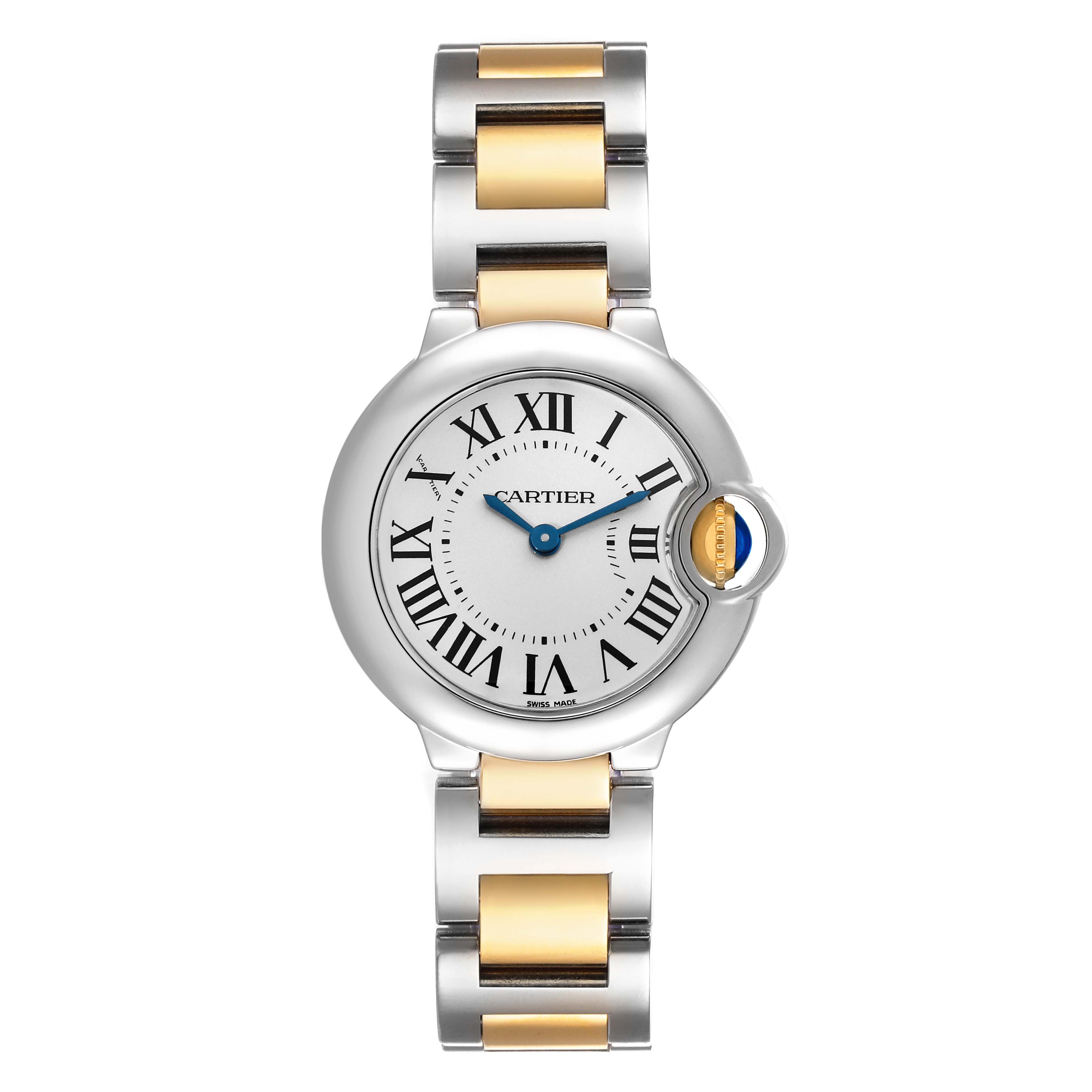 This Cartier Ballon Bleu W69007Z3 Women
s Steel and Gold (two tone) Silver Dial W69007Z3 Women
s Steel and Gold (two tone) Silver Dial watch is shown from the front, featuring its round face, Roman numeral dial, and two-tone metal bracelet.