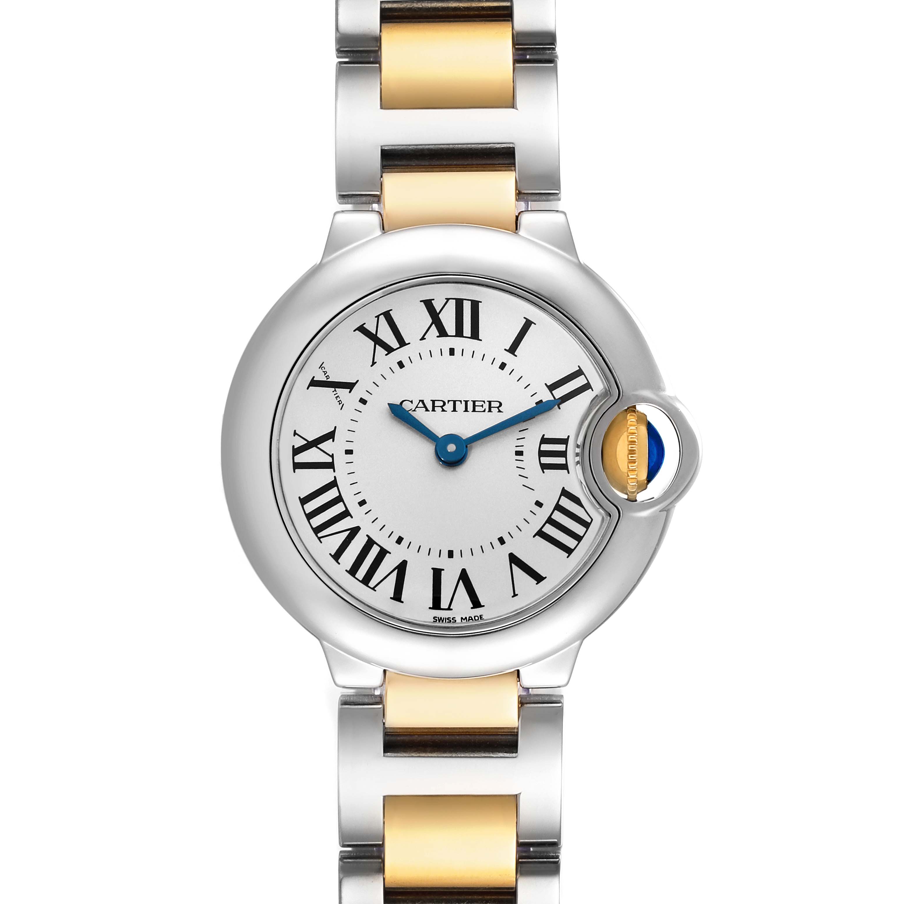 The image shows a front-facing view of a Cartier Ballon Bleu W69007Z3 Women
s Steel and Gold (two tone) Silver Dial W69007Z3 Women
s Steel and Gold (two tone) Silver Dial model watch, highlighting its dial and mixed metal link bracelet.