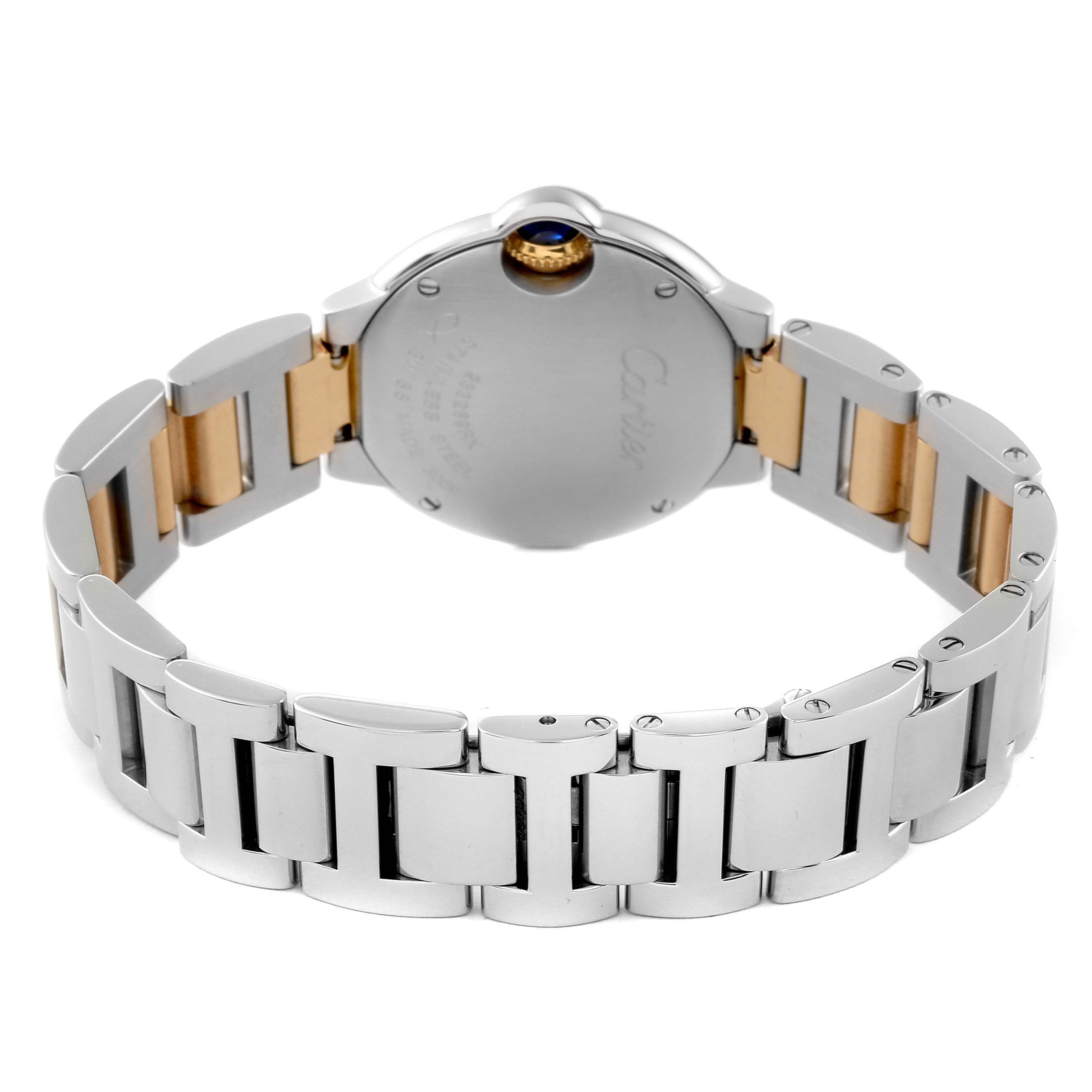 This image shows the back and bracelet of a Cartier Ballon Bleu W69007Z3 Women
s Steel and Gold (two tone) Silver Dial W69007Z3 Women
s Steel and Gold (two tone) Silver Dial watch, highlighting the metal links and clasp.