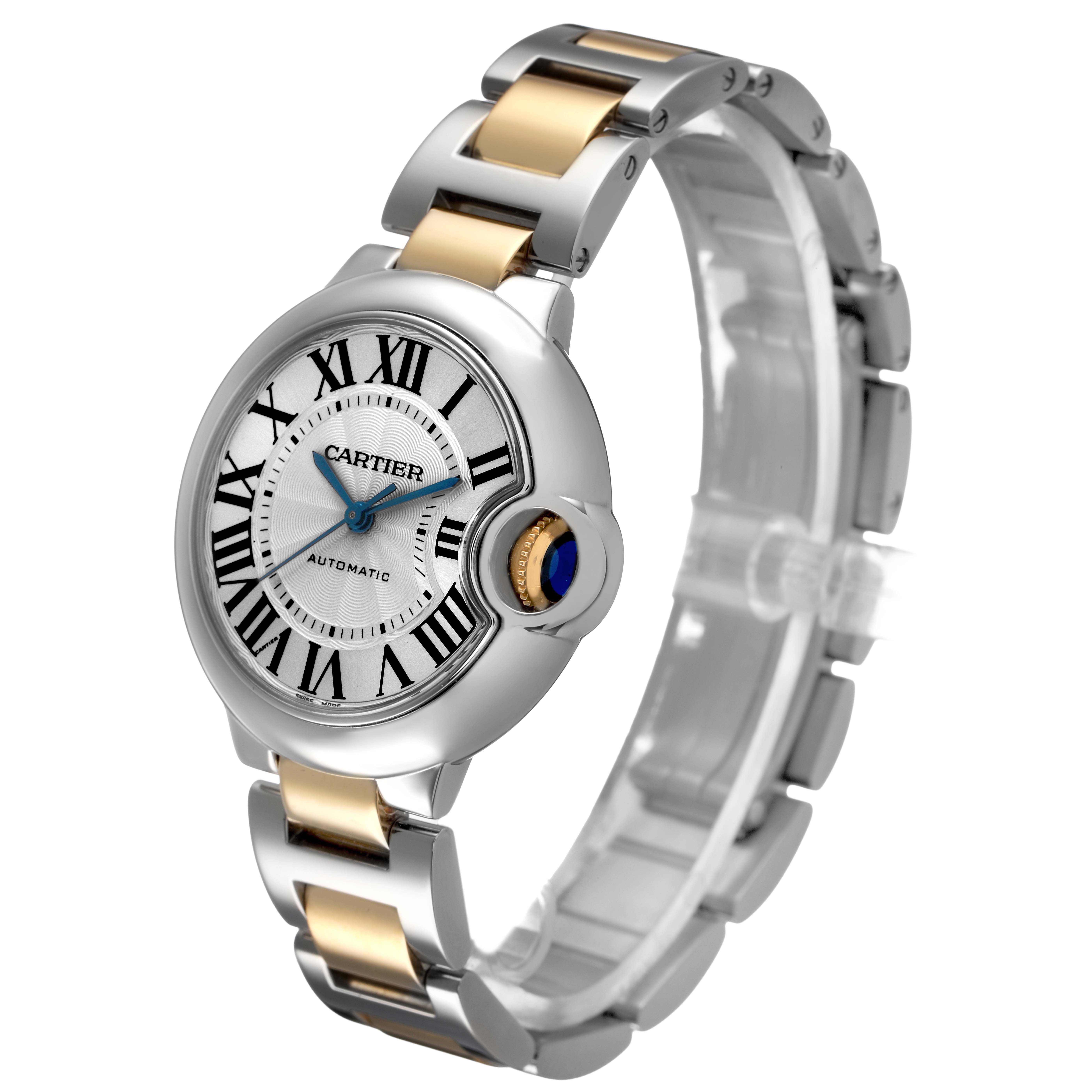 The image shows a Cartier Ballon Bleu W2BB0002 Women's Stainless Steel Silver Dial watch at a three-quarter angle, highlighting its two-tone bracelet, dial, and crown.