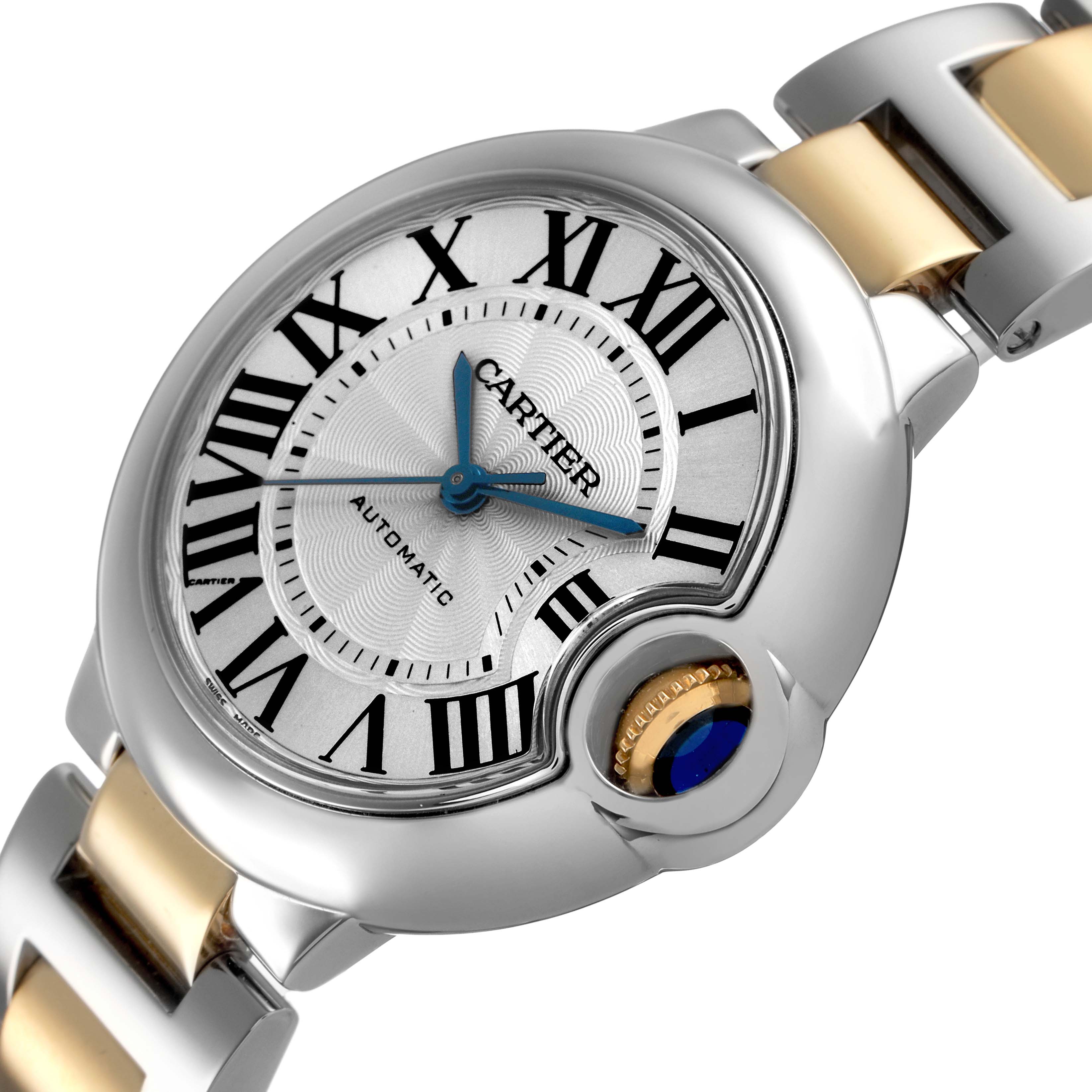 The Cartier Ballon Bleu W2BB0002 Women's Stainless Steel Silver Dial watch is shown at an angled view, highlighting the dial, Roman numerals, and crown with a blue cabochon.