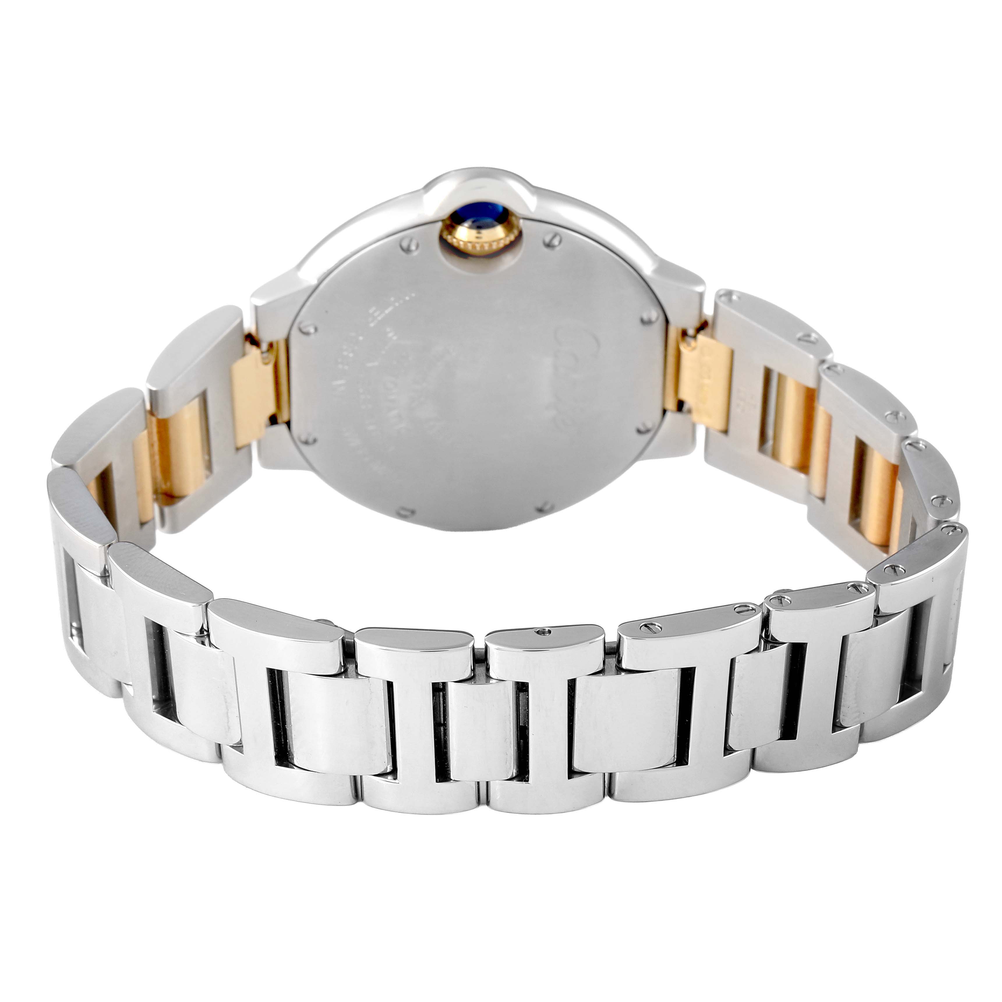 The image shows the back of a Cartier Ballon Bleu W2BB0002 Women's Stainless Steel Silver Dial watch, highlighting the bracelet and case back at an angle.