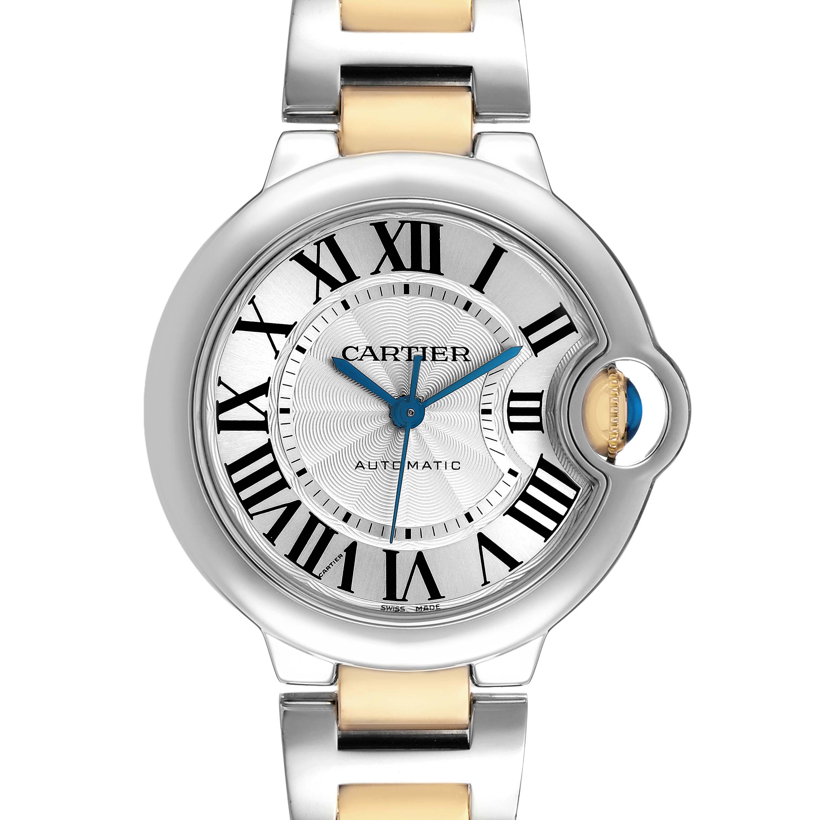 The Cartier Ballon Bleu W2BB0002 Women's Stainless Steel Silver Dial watch is shown from the front, highlighting the dial, Roman numerals, and the distinctive crown.