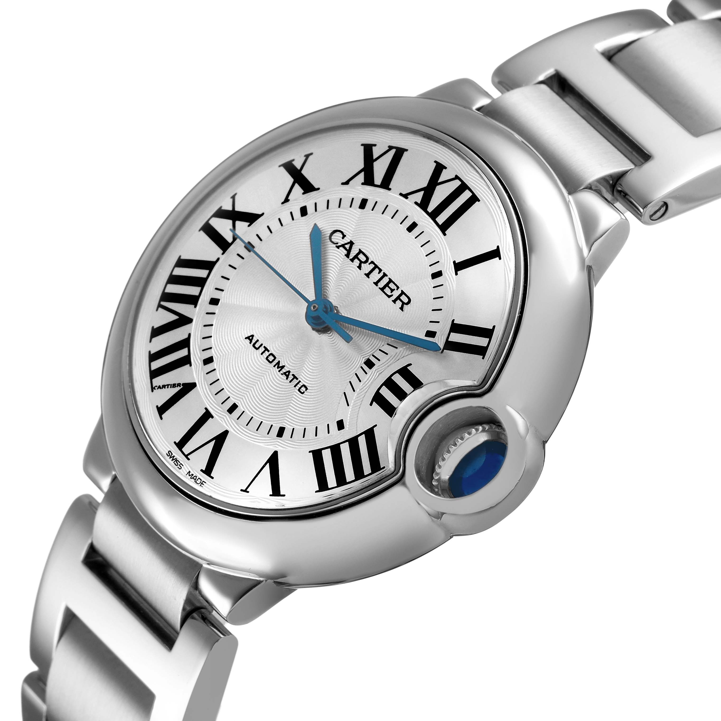 The Cartier Ballon Bleu W6920046 Women's Stainless Steel Silver Dial watch is shown at an angle highlighting the dial, crown, and part of the bracelet.
