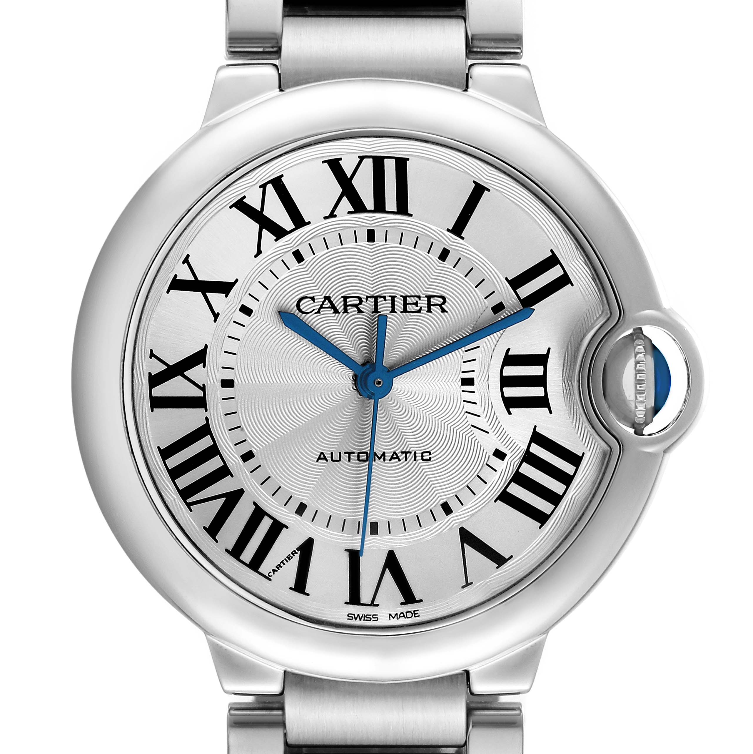 The image shows a frontal view of the Cartier Ballon Bleu W6920046 Women's Stainless Steel Silver Dial watch, highlighting the dial, Roman numerals, hands, and crown.