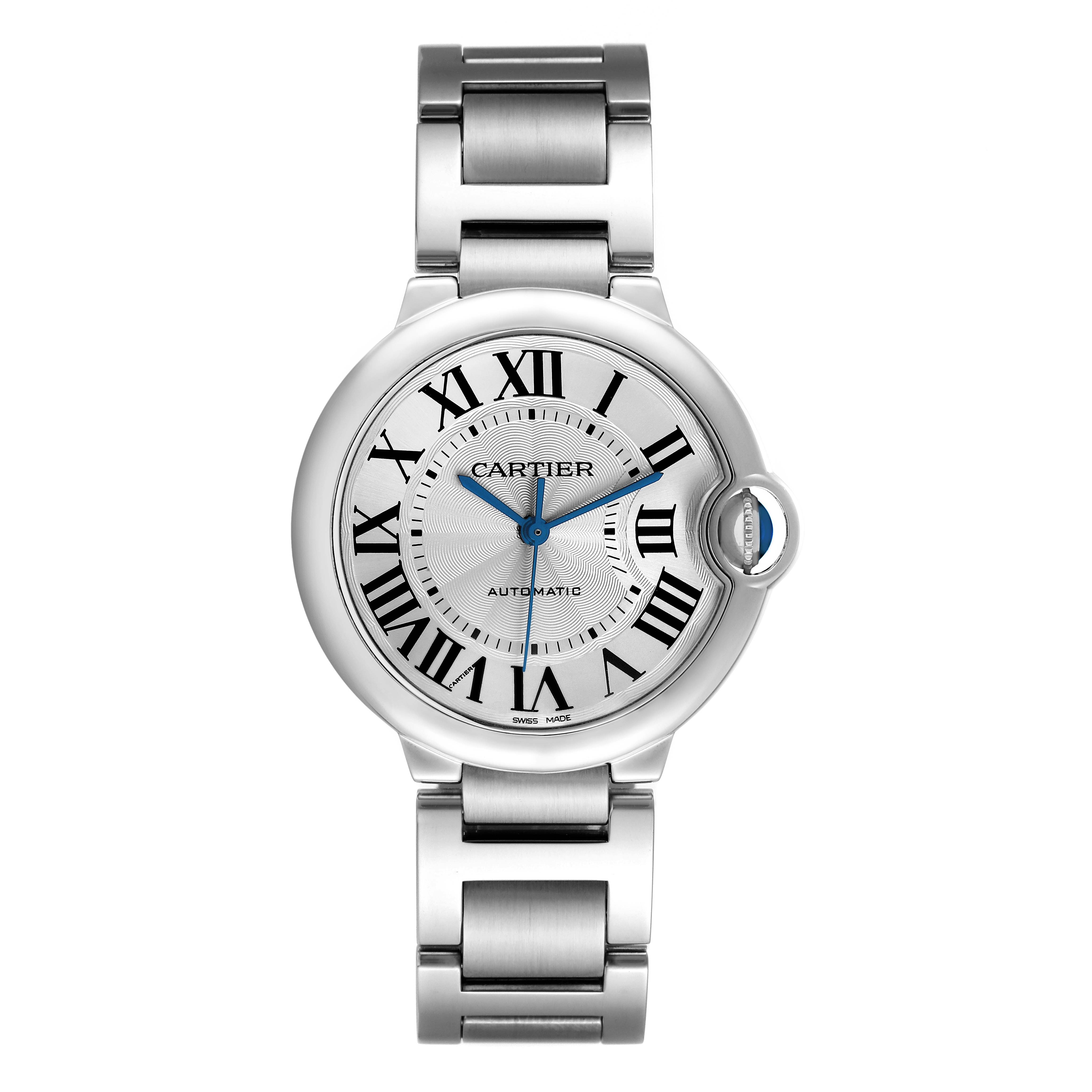 The Cartier Ballon Bleu W6920046 Women's Stainless Steel Silver Dial watch is shown from a top-down angle, displaying the face, Roman numerals, and metal bracelet.