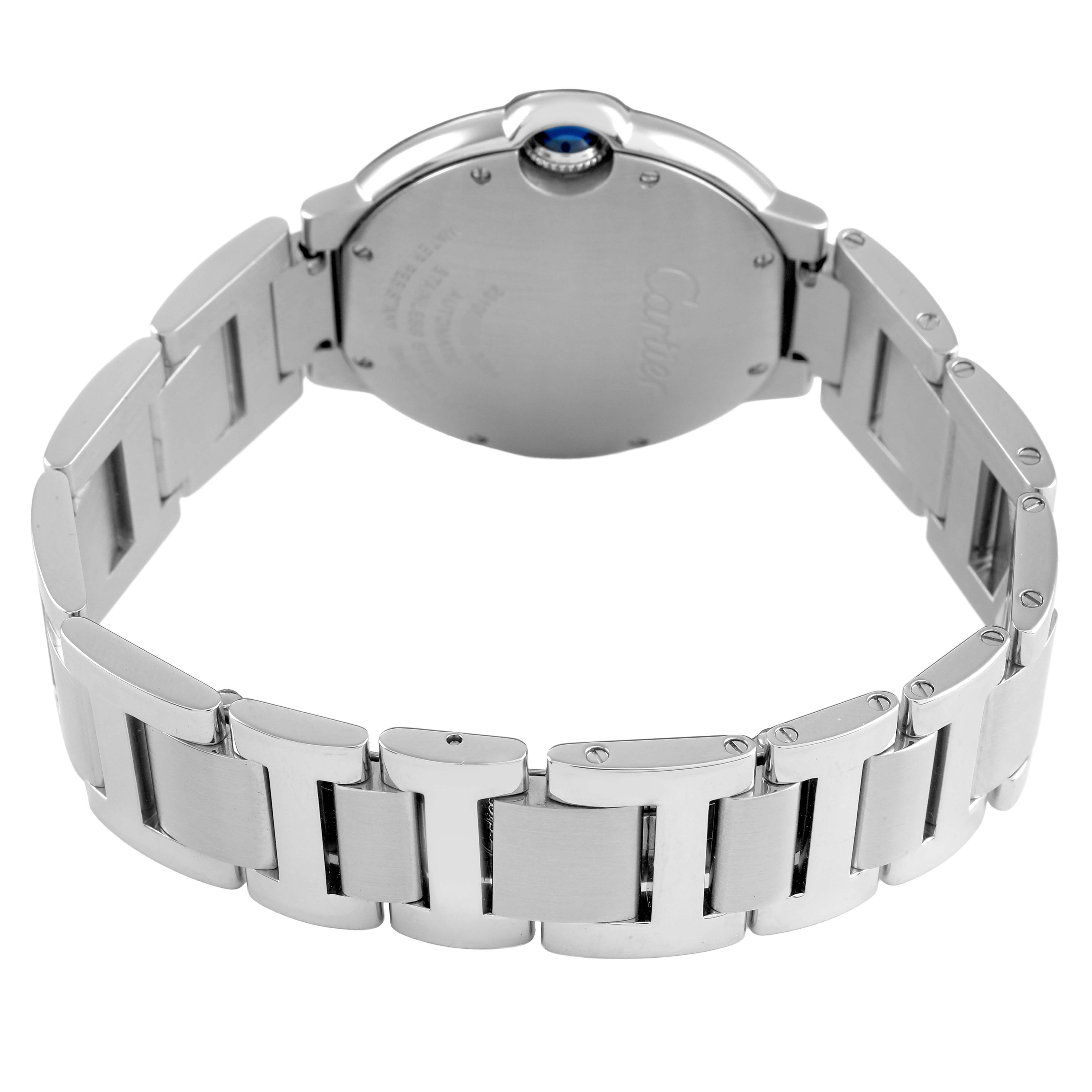 The image shows the back and bracelet of a Cartier Ballon Bleu W6920046 Women's Stainless Steel Silver Dial watch, highlighting its clasp and polished metal links.