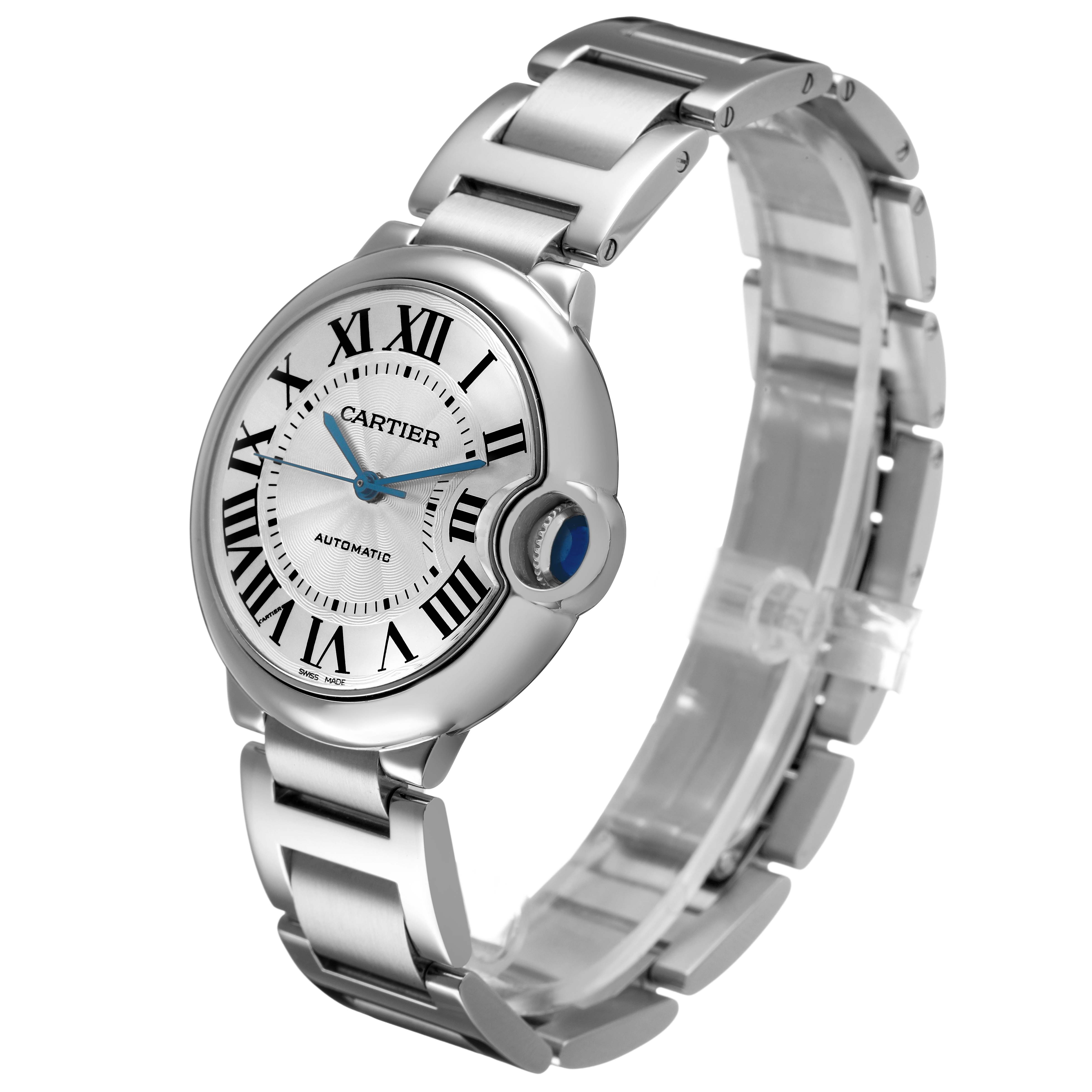 The Cartier Ballon Bleu W6920046 Women's Stainless Steel Silver Dial watch is shown at a three-quarter angle, displaying the dial, Roman numerals, bracelet, and crown.