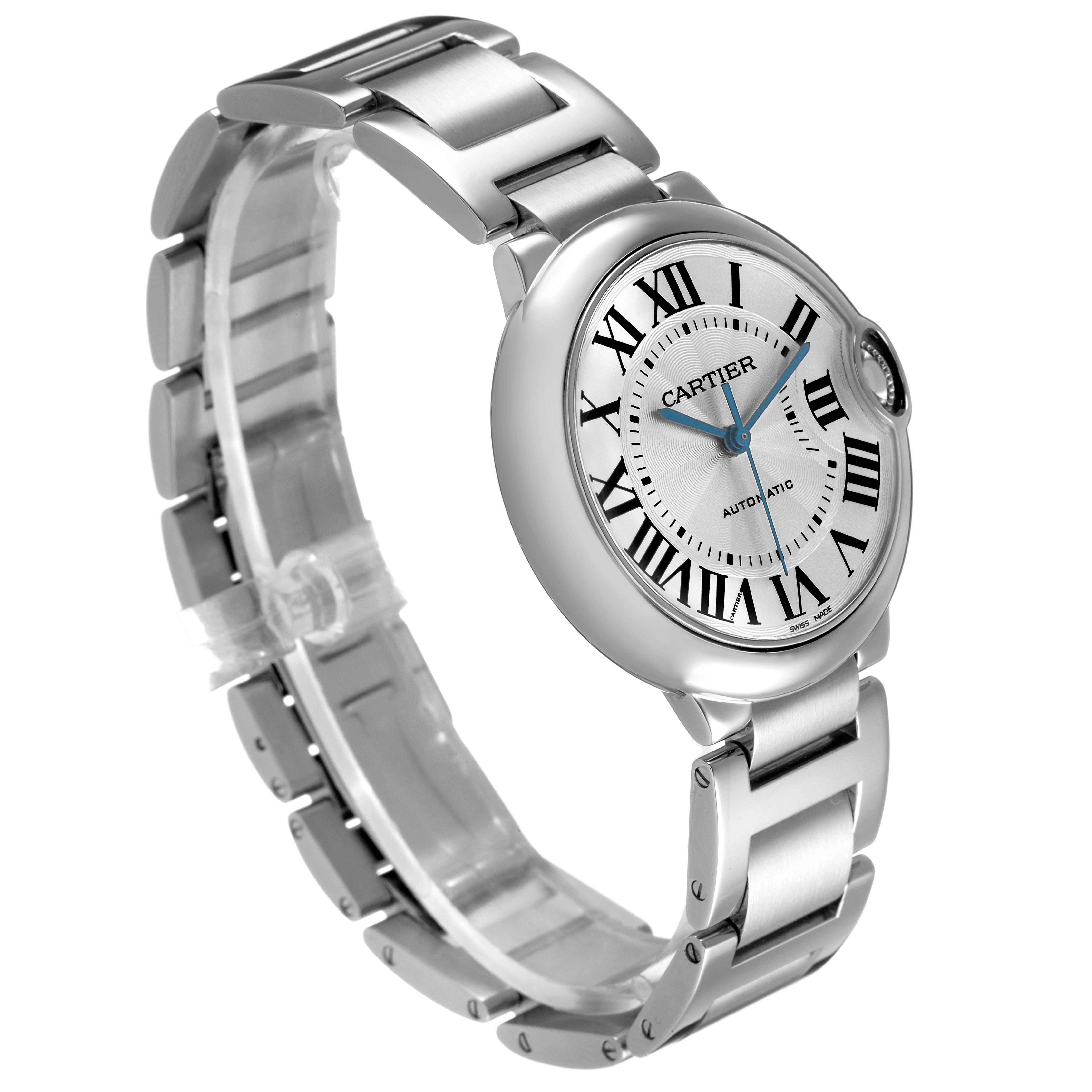 The Cartier Ballon Bleu W6920046 Women's Stainless Steel Silver Dial watch is shown at a side angle, highlighting the face, Roman numerals, blue hands, and metal bracelet.