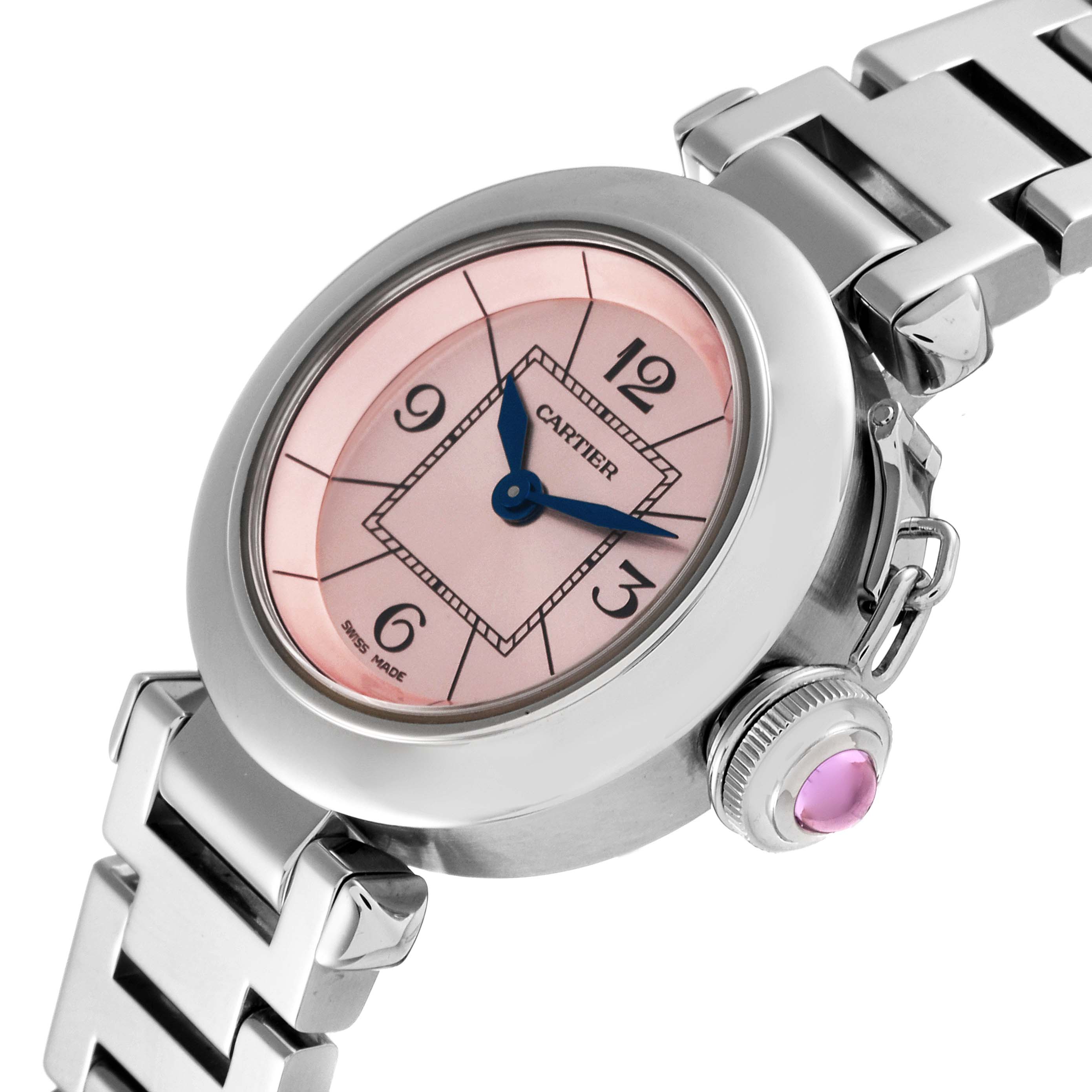 The image displays a Cartier Pasha W3140008 Women's Stainless Steel Pink Dial W3140008 Women's Stainless Steel Pink Dial model watch from a side angle, highlighting the pink dial, silver bracelet, and bejeweled crown.