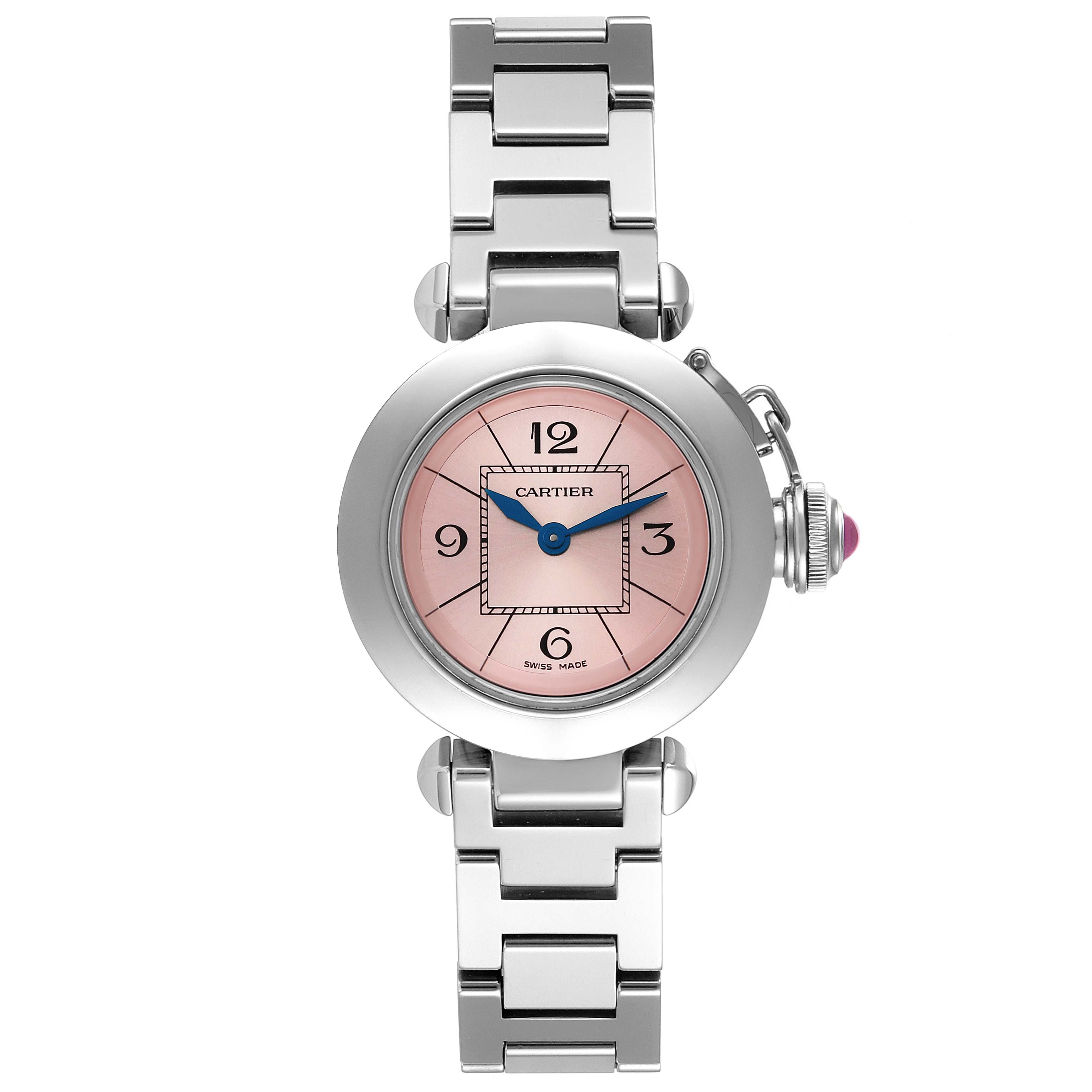 This image shows a front view of the Cartier Pasha W3140008 Women's Stainless Steel Pink Dial W3140008 Women's Stainless Steel Pink Dial watch, featuring its pink dial and stainless steel bracelet.