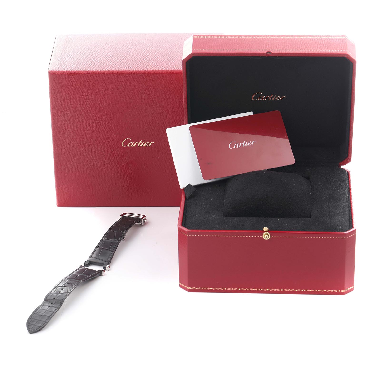 The image shows a Cartier Pasha WSPA0018 Men
s Stainless Steel Silver Dial WSPA0018 Men
s Stainless Steel Silver Dial model watch box, with a spare strap and warranty card.