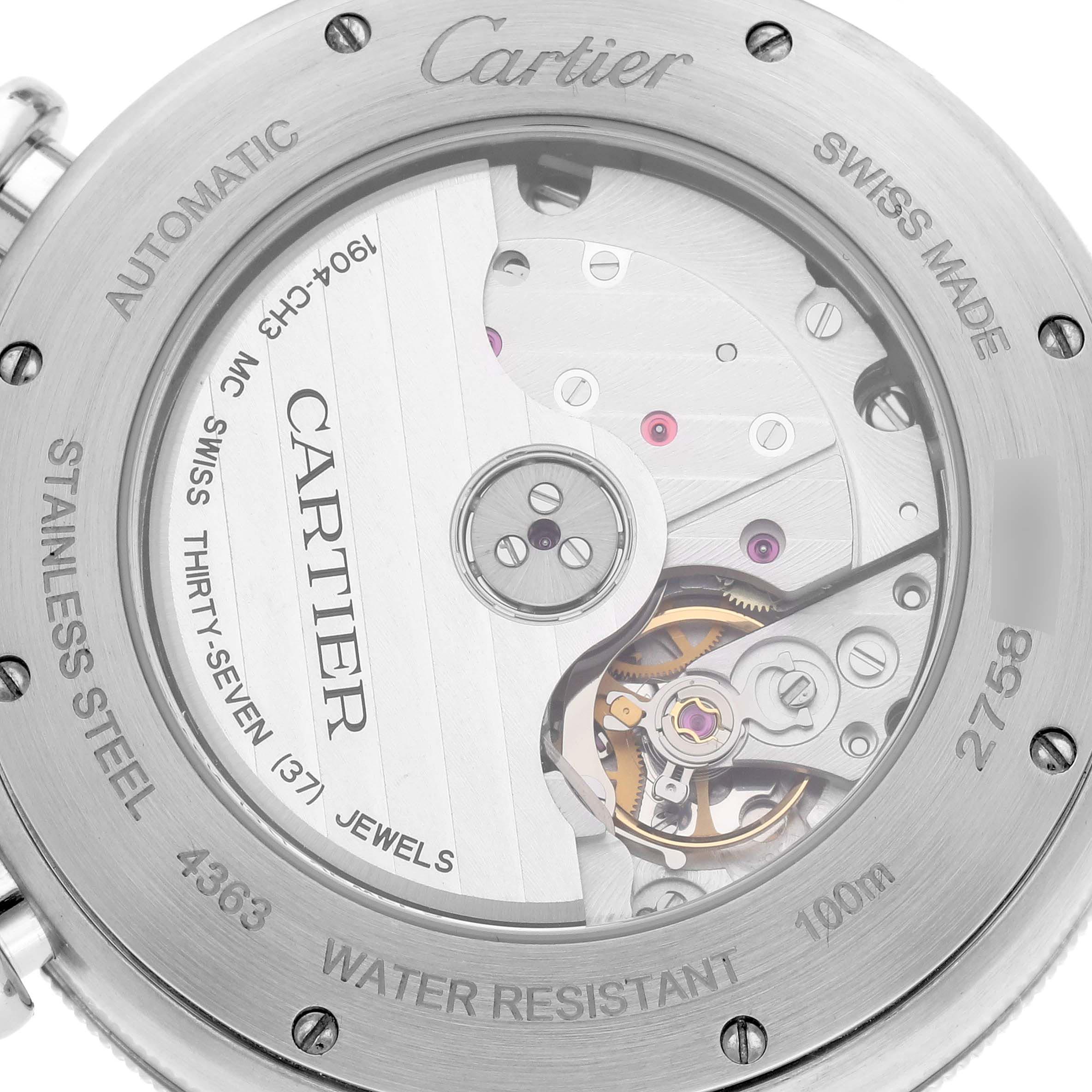 The image shows the movement and case back with inscriptions of the Cartier Pasha WSPA0018 Men
s Stainless Steel Silver Dial WSPA0018 Men
s Stainless Steel Silver Dial watch.