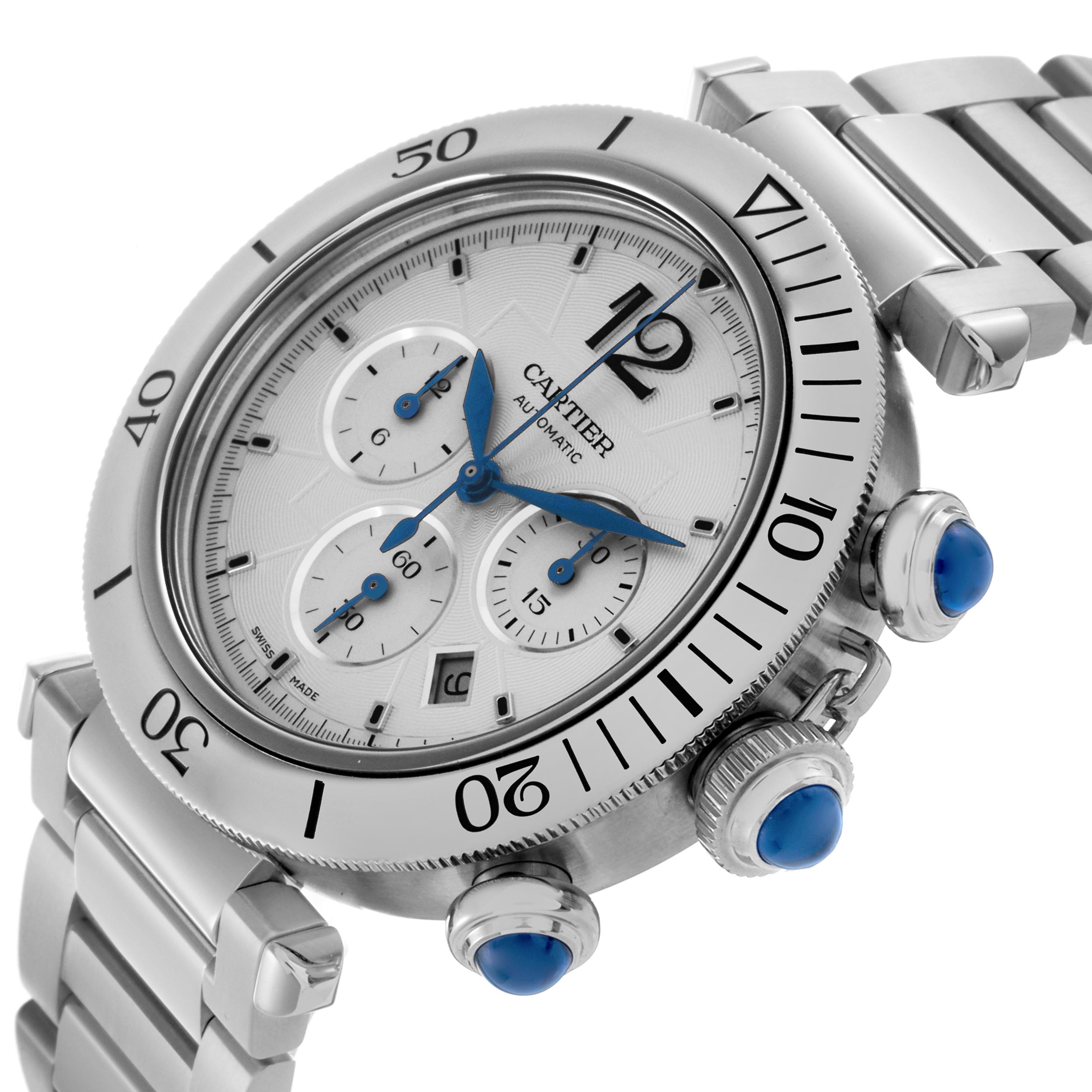 The Cartier Pasha WSPA0018 Men
s Stainless Steel Silver Dial WSPA0018 Men
s Stainless Steel Silver Dial watch is shown at an angle highlighting the dial, bezel, subdials, crown, and part of the bracelet.