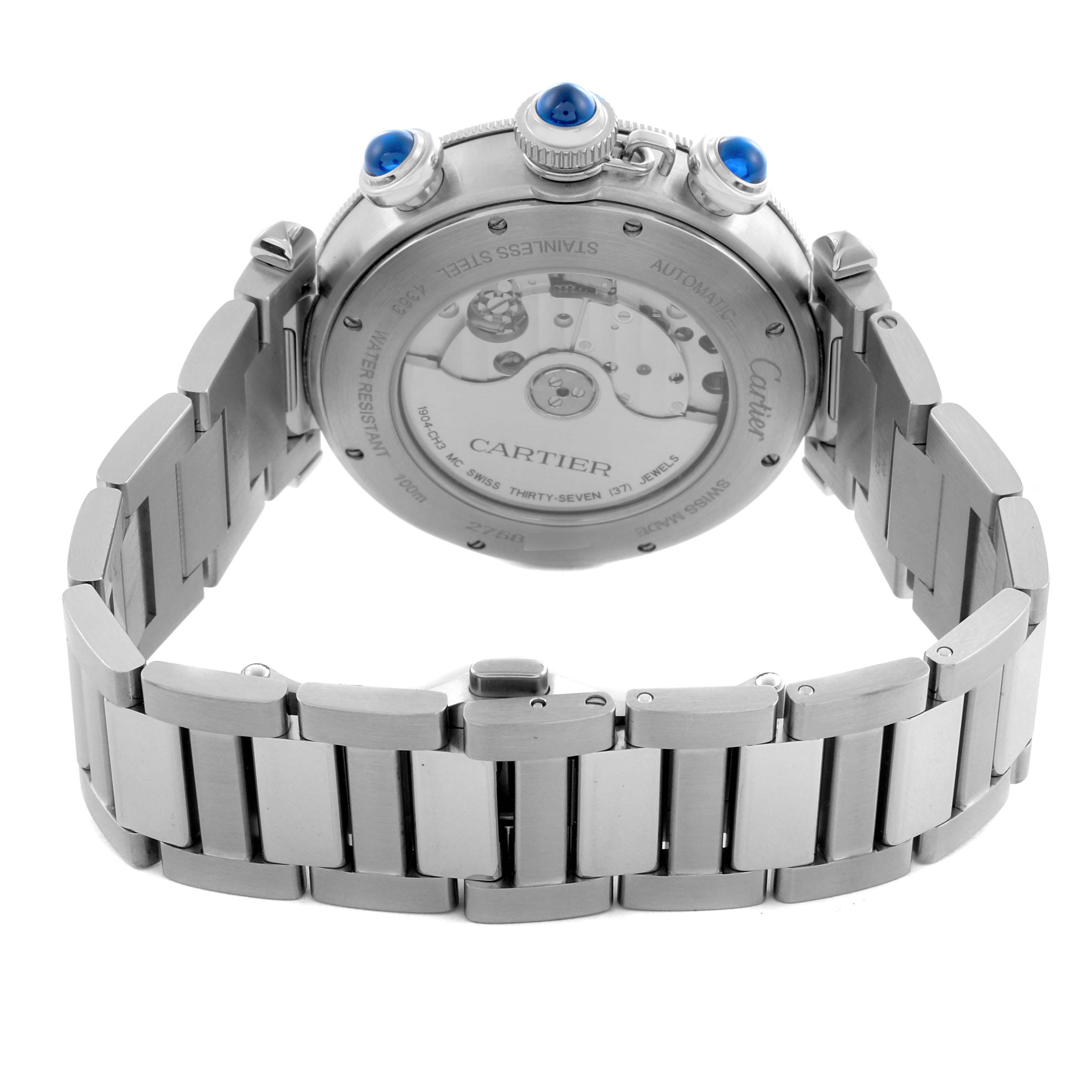 The image shows the back of the Cartier Pasha WSPA0018 Men
s Stainless Steel Silver Dial WSPA0018 Men
s Stainless Steel Silver Dial watch, highlighting its automatic movement and stainless steel bracelet.